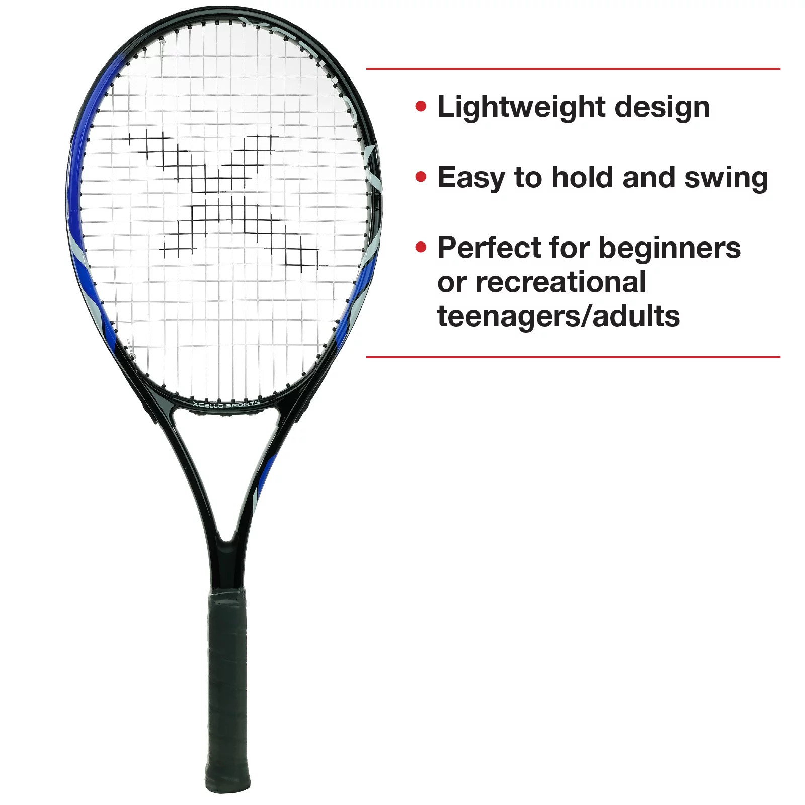 Xcello Sports 2-Player Aluminum Tennis Racket Set for Adult – Includes Two 23″ Tennis Rackets, Six All Court Balls, and Two Carry Cases – Blue/Black