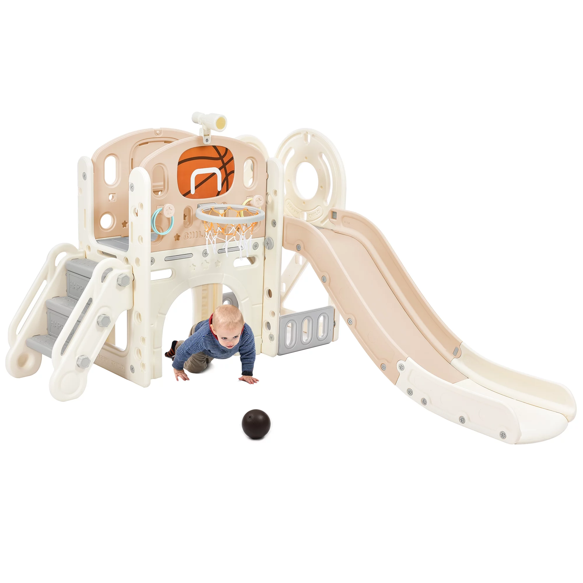 izumuzi Kids 3-6 Years Slide Playset Structure, Freestanding Castle Climbing Crawling Playhouse with Slide, Arch Tunnel, Ring Toss, Basketball Hoop, Toy Storage Organizer for Toddlers