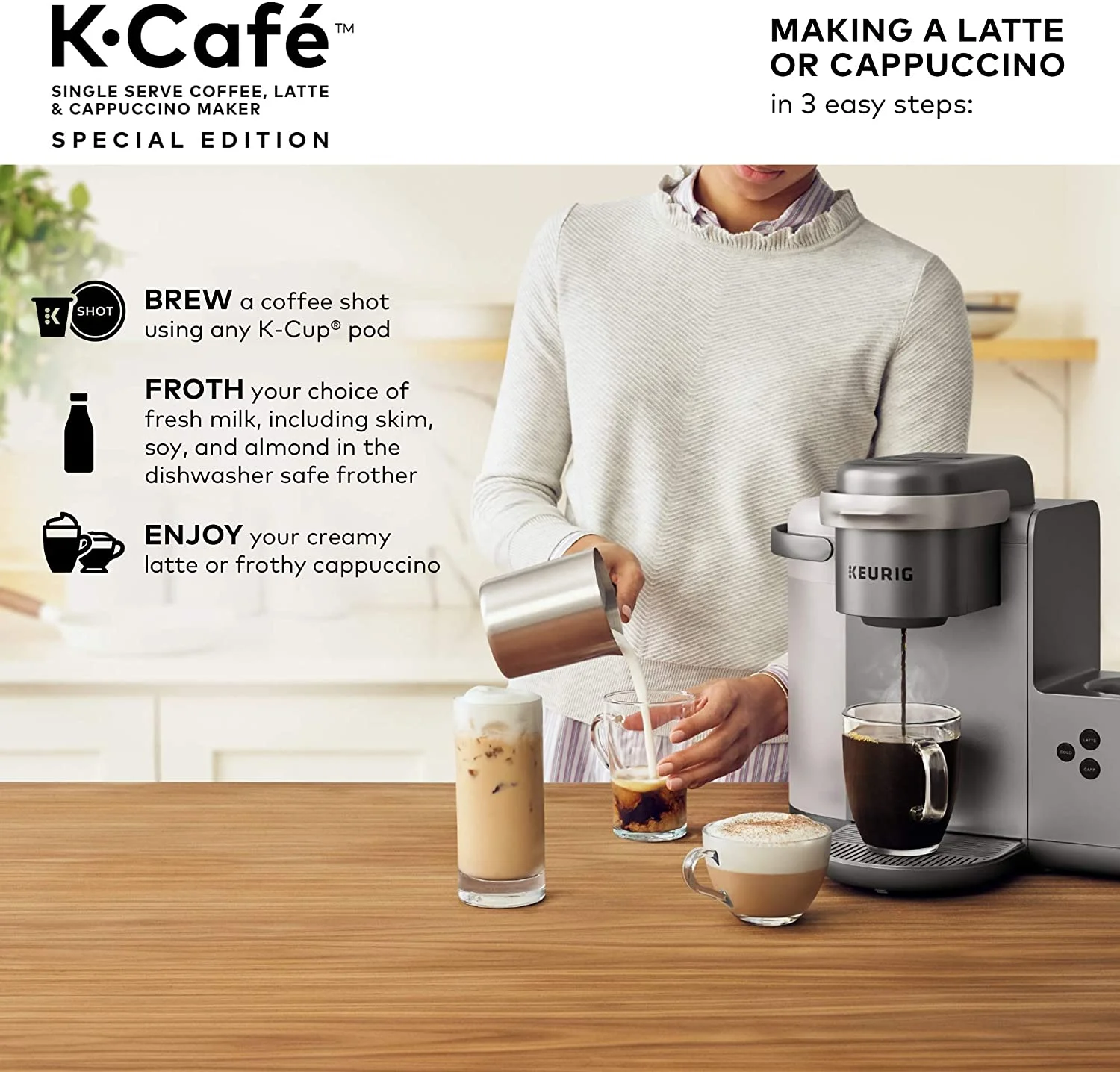 Keurig K-Cafe Special Edition Coffee Maker, Single Serve K-Cup Pod Coffee, Latte and Cappuccino Maker, Comes with Dishwasher Safe Milk Frother, Coffee Shot Capability, Nickel