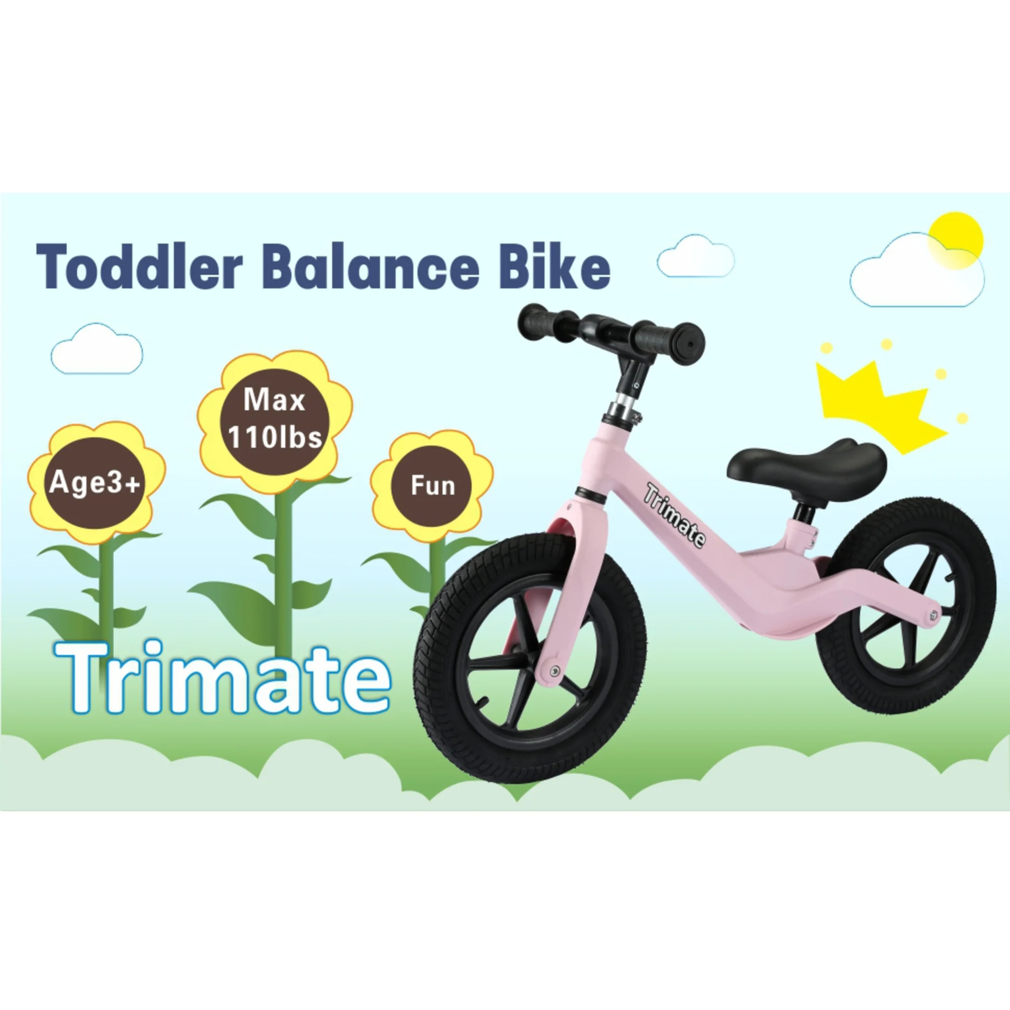 Trimate Toddler Balance Bike, Pink – No Pedal Sport Bike for 3-5 Year Olds, 12″ Inflated Tire, Perfect Gift for Boys and Girls with Inseam 16″ – 21″