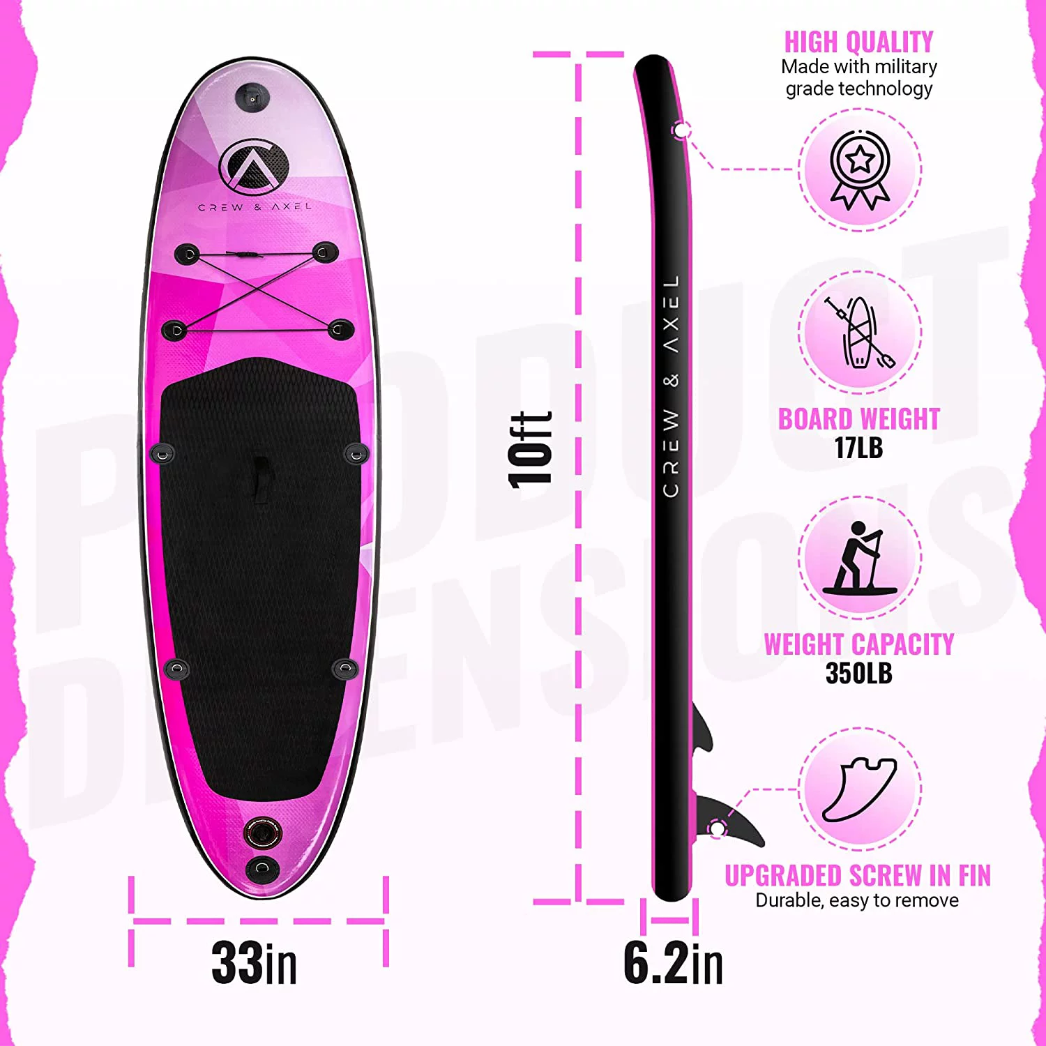 Crew Axel Inflatable Paddle Board 10’33’6?? (18lb) SUP Kit Includes Paddle Pump Bag Shiny Pink