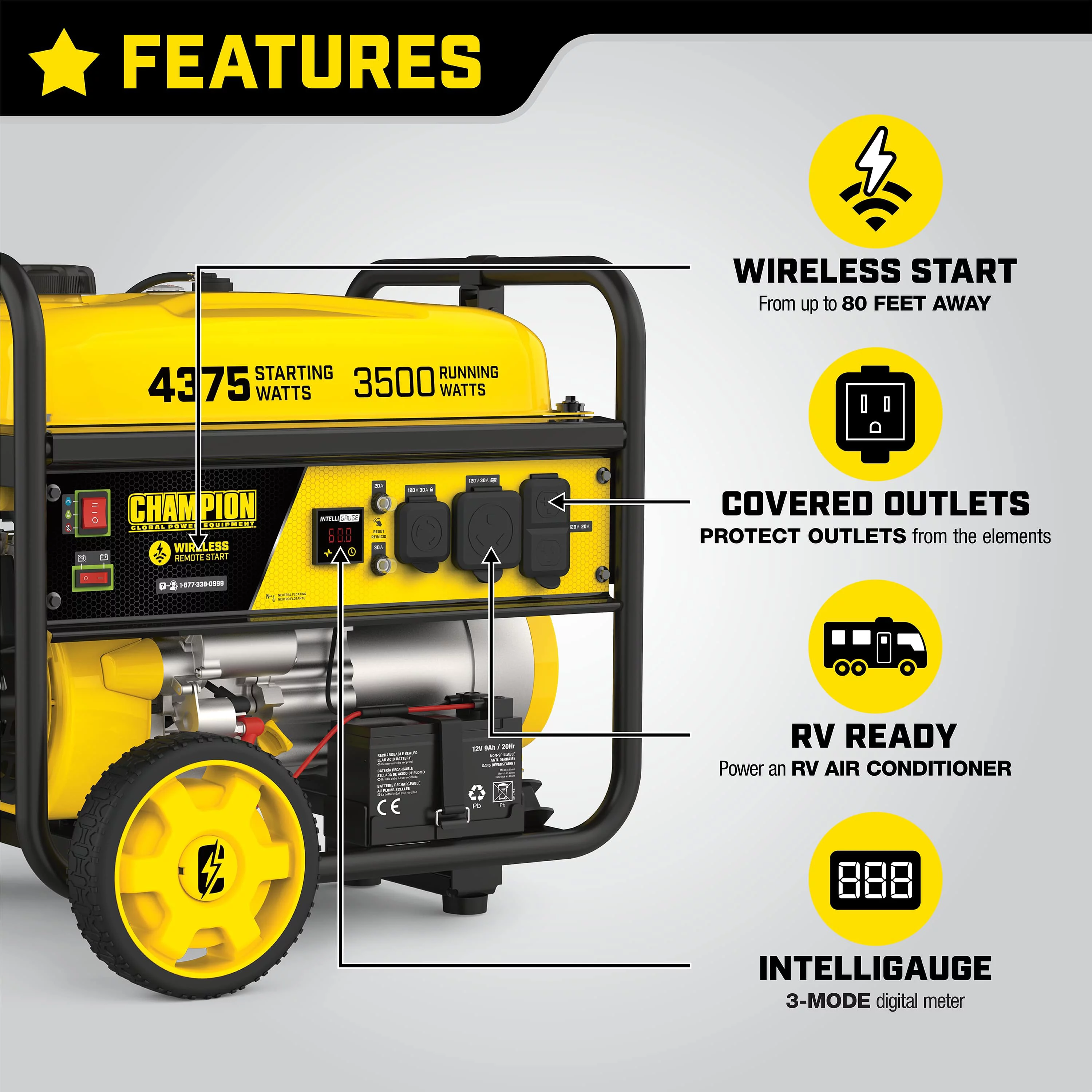 Champion Power Equipment 4375/3500 Watts RV Ready Portable Generator, Remote Start (CARB)