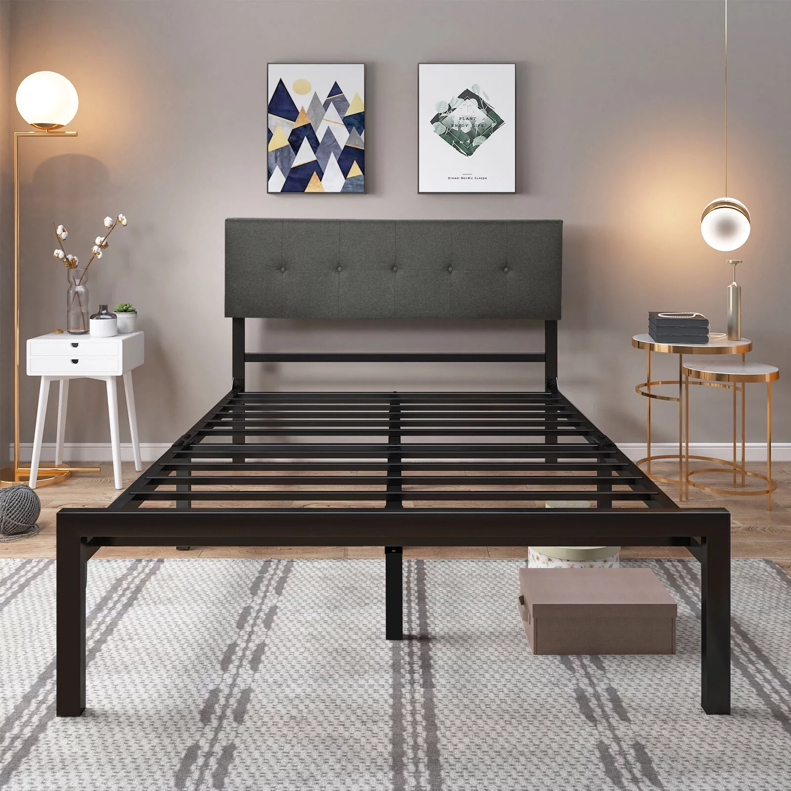 Dextrus Upholstered Platform Bed Frame with Adjustable Headboard Metal Slat, No Box Spring Needed (Queen)