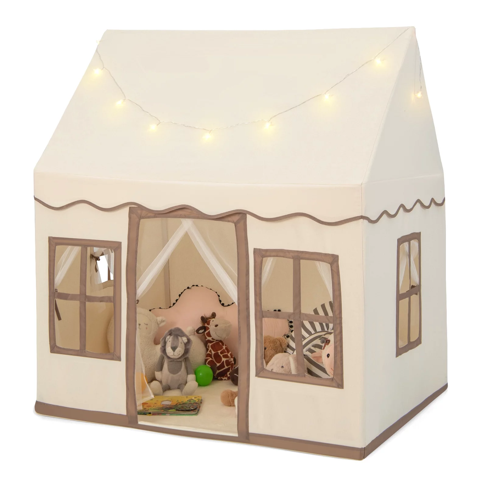 Costway Kids Play Castle Tent Large Playhouse Toys Gifts with Star Lights Washable Mat Beige