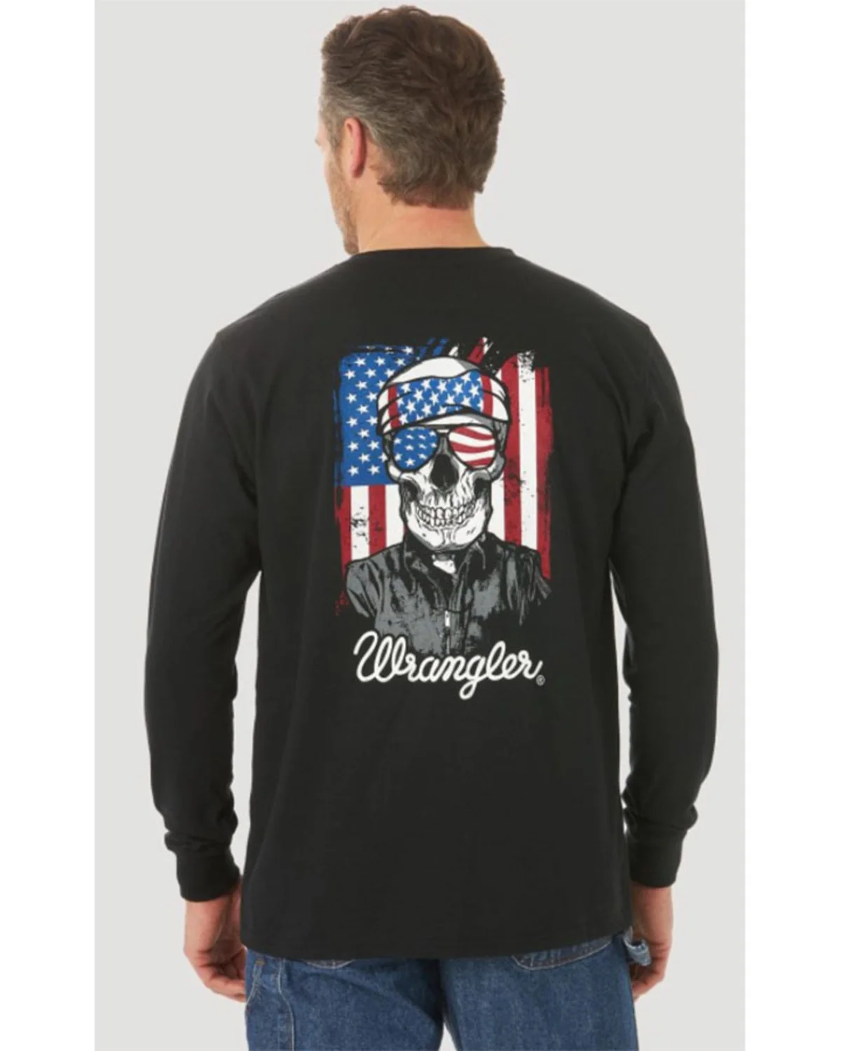 Wrangler Men's Fr Skull Flag Graphic Long Sleeve Work T-Shirt Big Black 2X