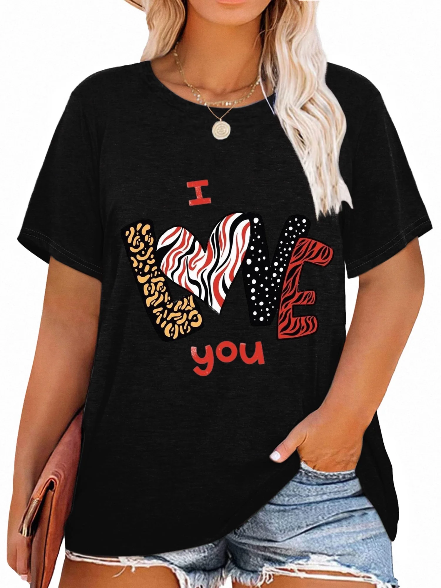 XCHQRTI Plus Size Women Shirt Love Heart Crewneck Tshirt Short Sleeve Oversized Graphic Sweet Top