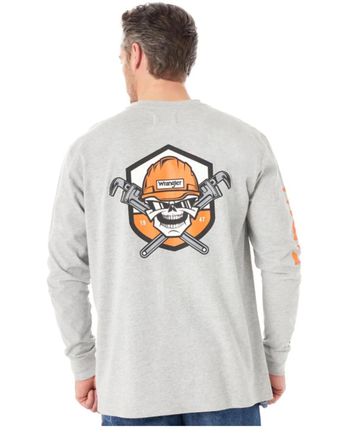 Wrangler Men's Fr Wrench Skull Graphic Long Sleeve Work T-Shirt Big Heather Grey 2X