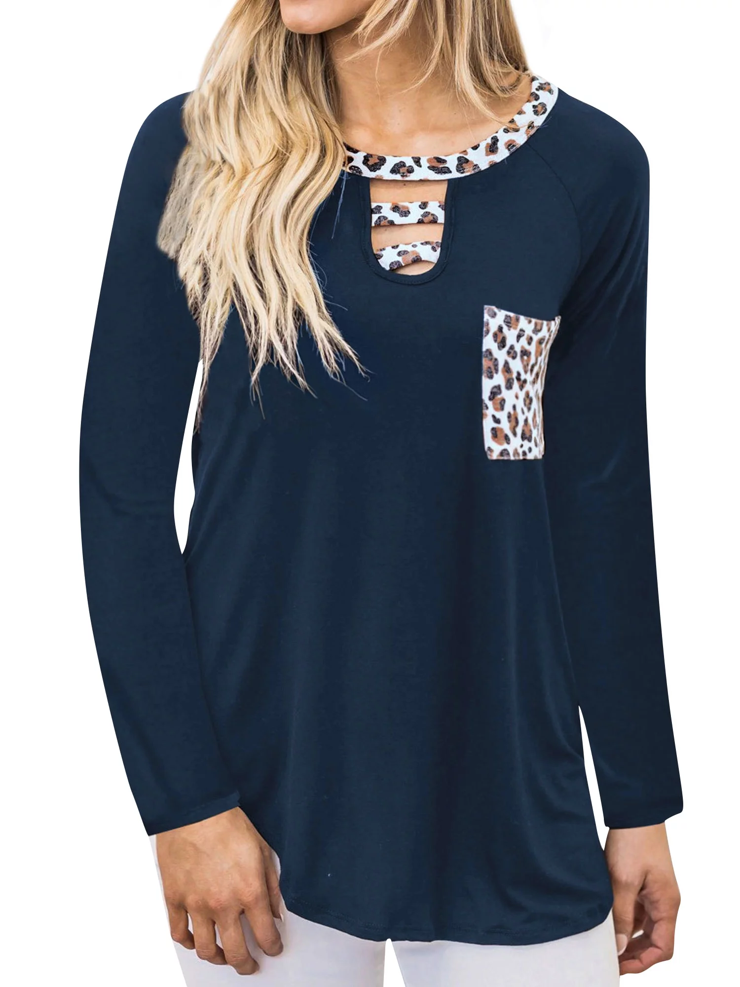 Nlife Women Leopard Print Pocket Spliced Cutout Crew Neck Long Sleeve T-shirt