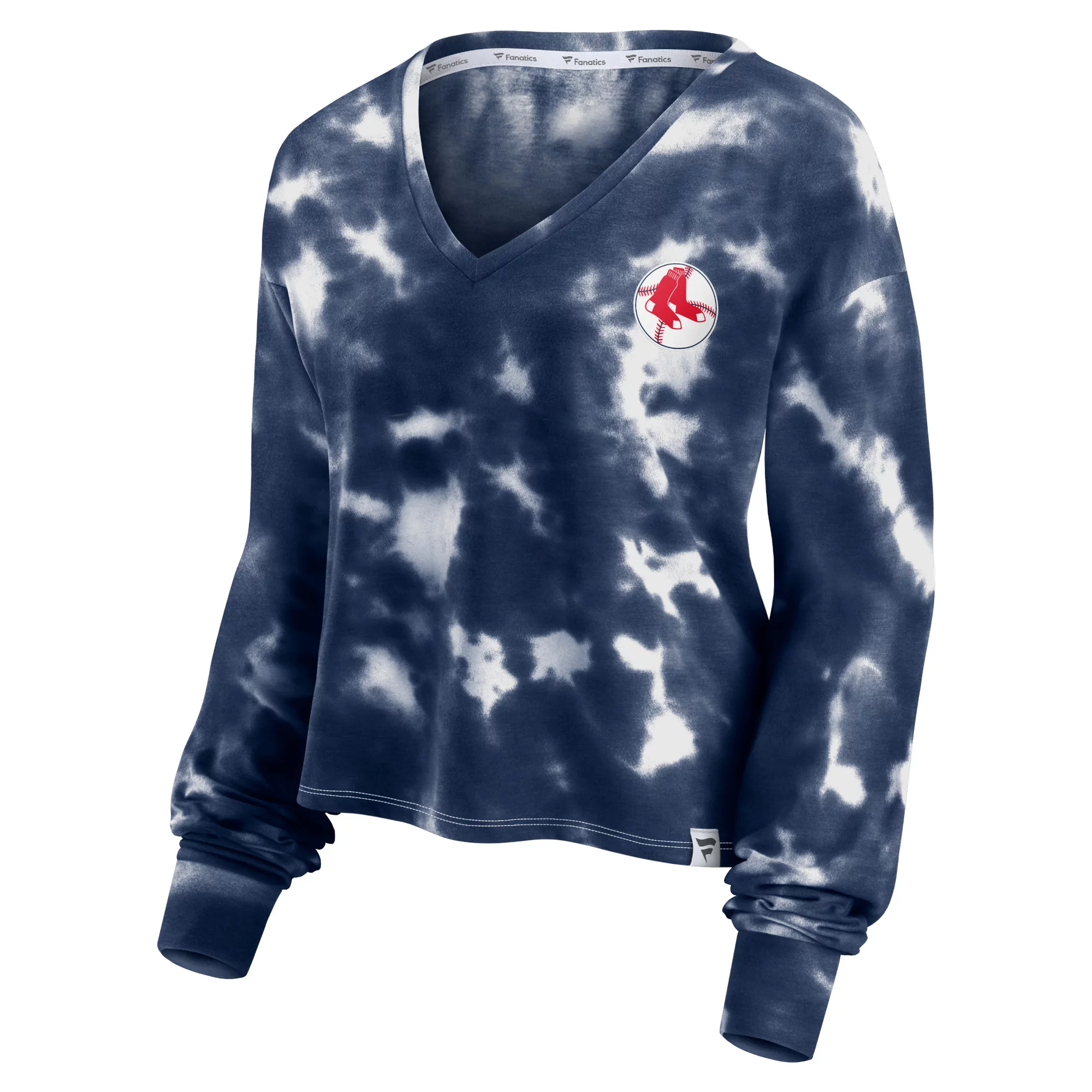 Women's Fanatics Branded White/Navy Boston Red Sox Tie-Dye V-Neck Pullover Cropped Tee