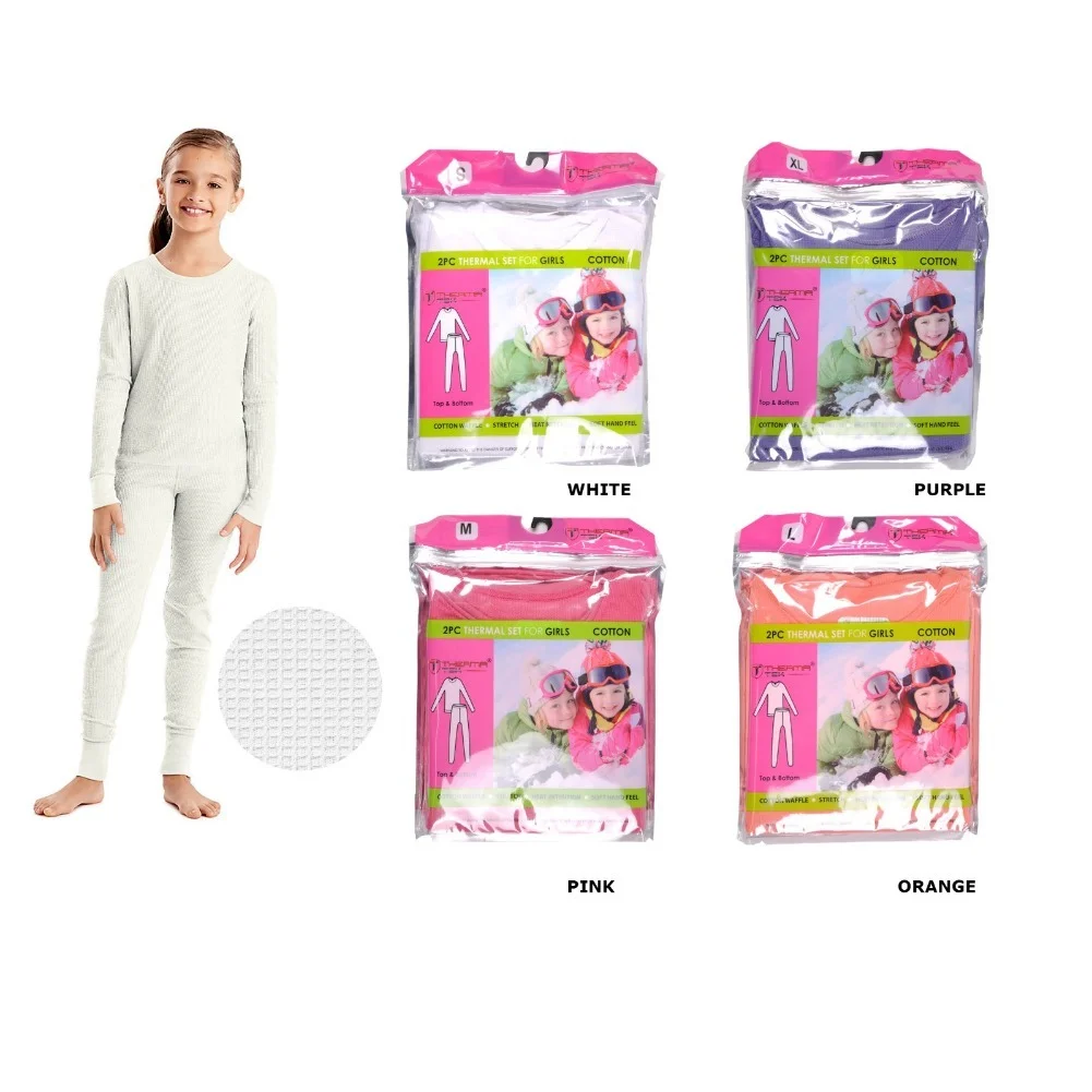Therma Tek Girls Thermal Underwear Cotton Waffle Long Johns 2pc Top & Bottom, Orange, XL