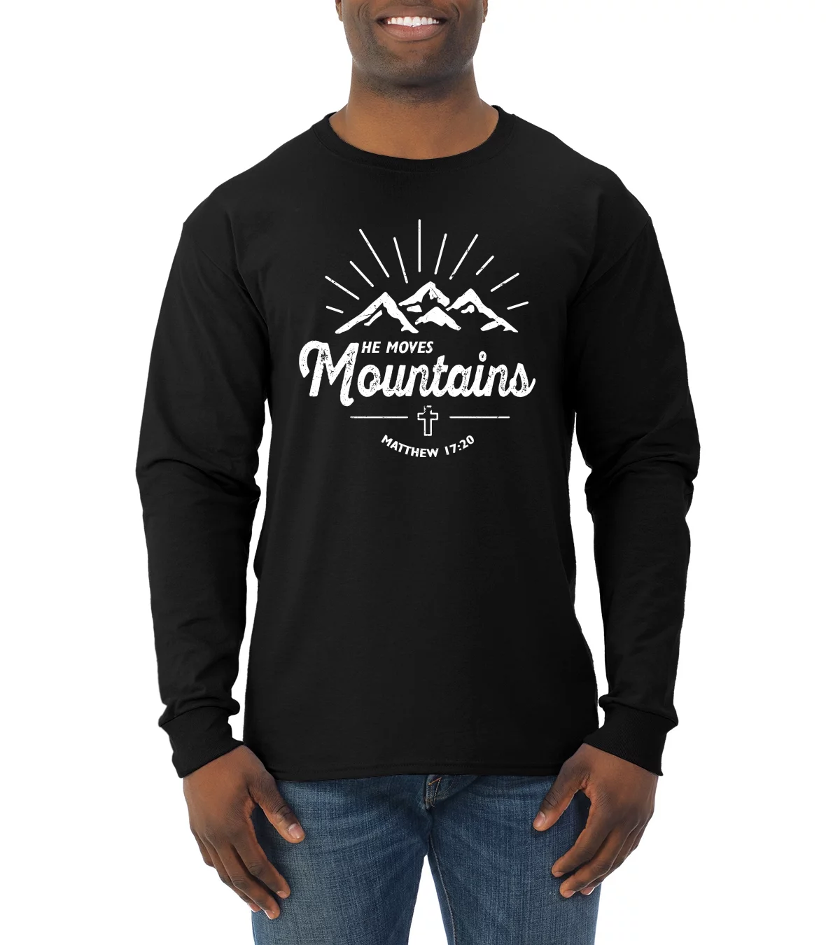 Matthew 17:20 He Moves Mountains | Mens Christian Long Sleeve T-Shirt, Black, Small