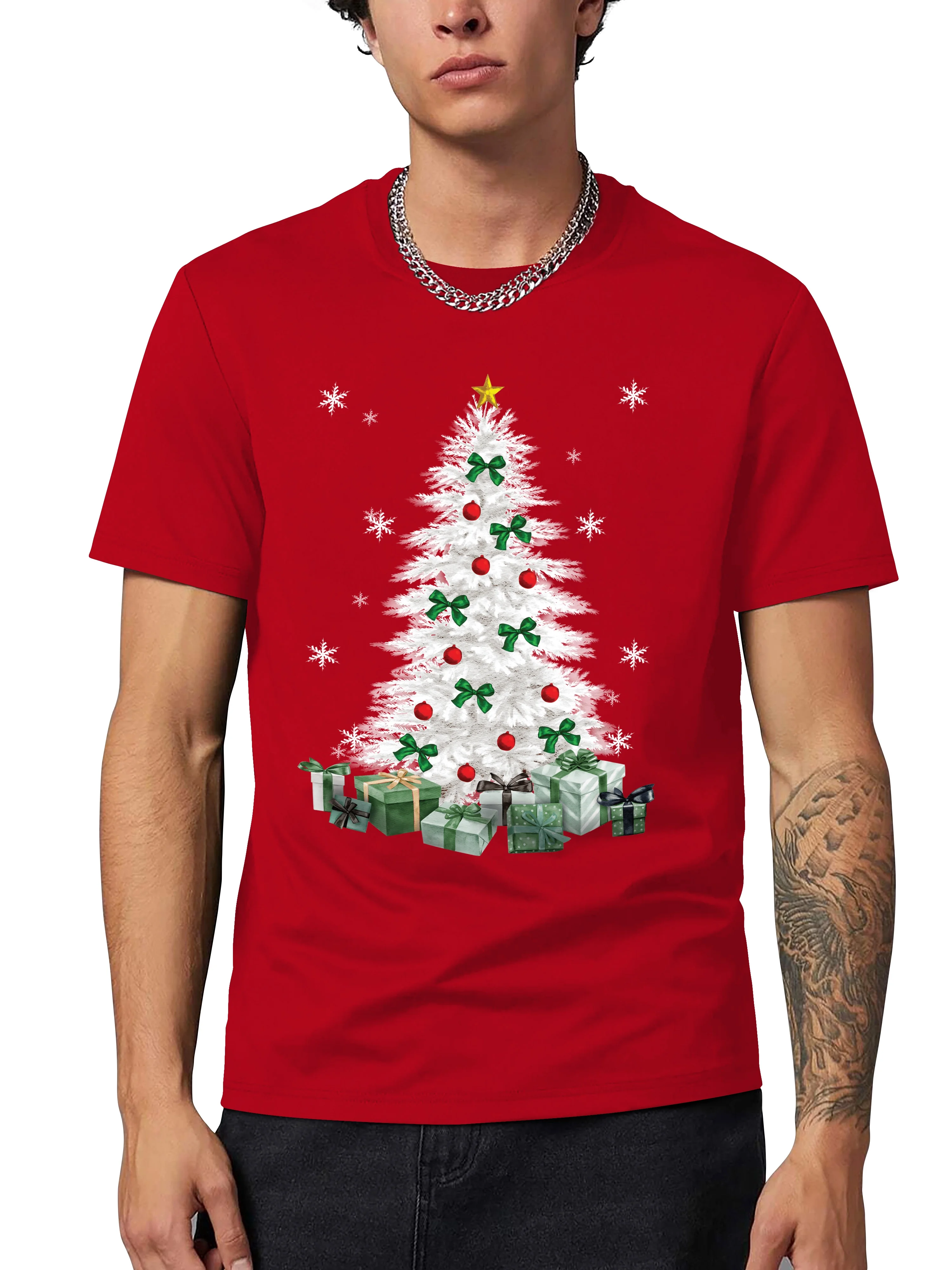 Ma Croix Mens Merry Sparkling Snow Christmas Tree Digitally Printed Classic Crew Neck Short Sleeve Tee Shirt