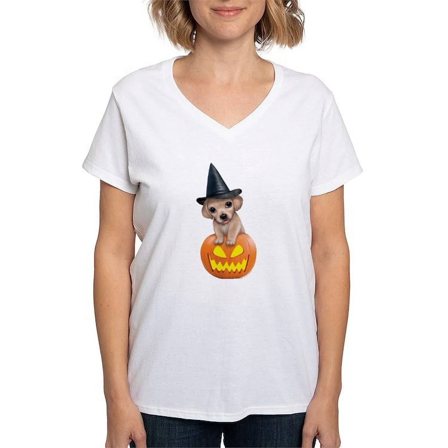 CafePress - PD Moreno's Halloween Puppy Women's V Neck T Shirt - Womens Cotton V-Neck T-shirt