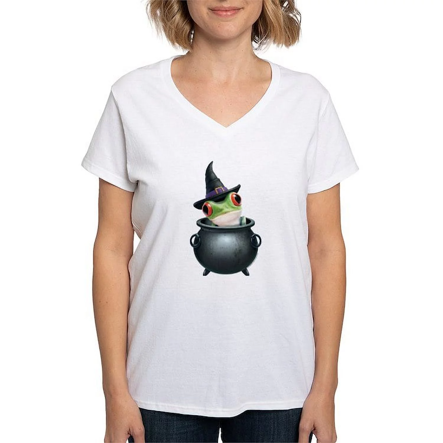 CafePress - PD Moreno's Halloween Frog Women's V Neck T Shirt - Womens Cotton V-Neck T-shirt