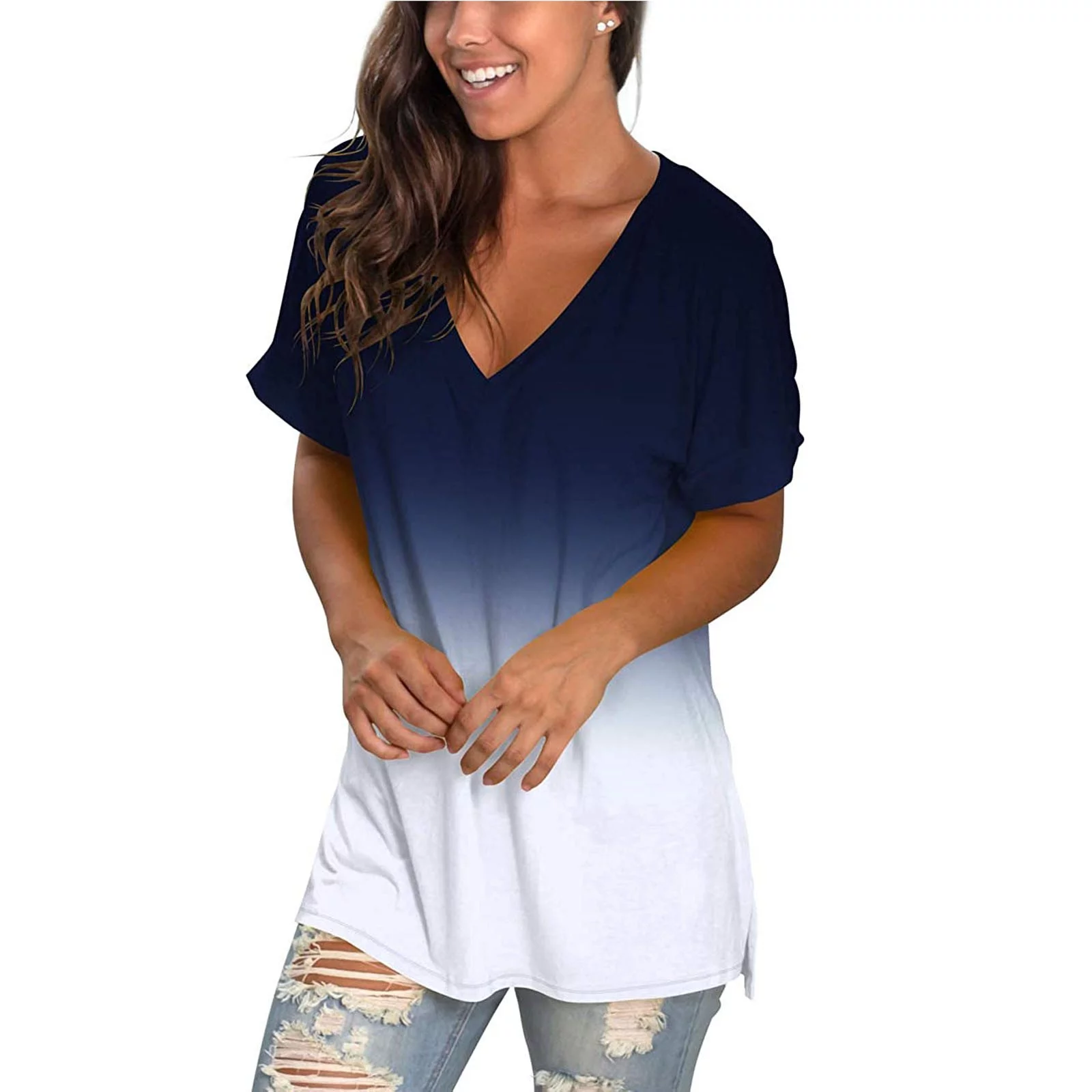 Patlollav Clearance Deals Womens Print Casual Gradient V-Neck Short Sleeve Loose T-Shirt Tops