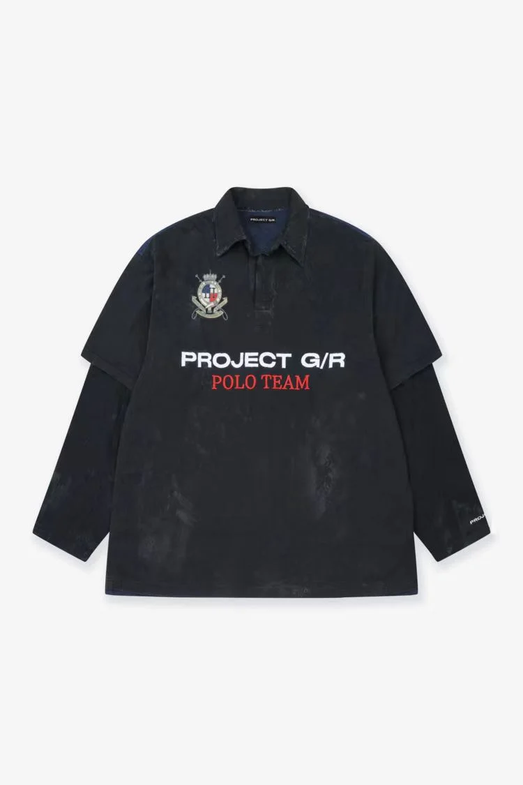 PROJECT G/R Long Sleeved Two-piece Washed Distressed Long-sleeved Embroidered Polo Shirt