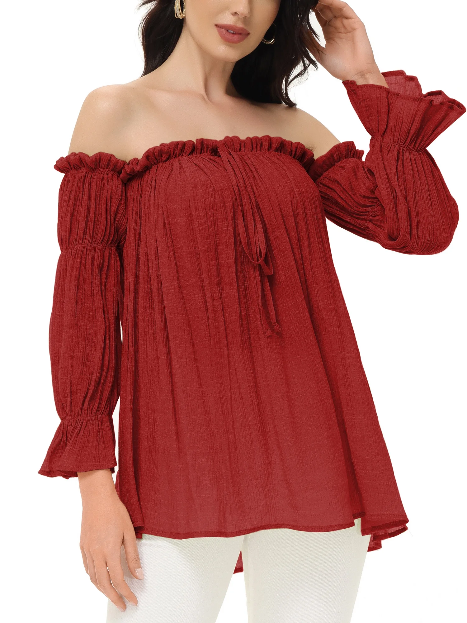 Steampunk Pirate Shirt Renaissance Peasant Blouse Off The Shoulder Long Sleeve Wench Top Lightweight, Red, Medium