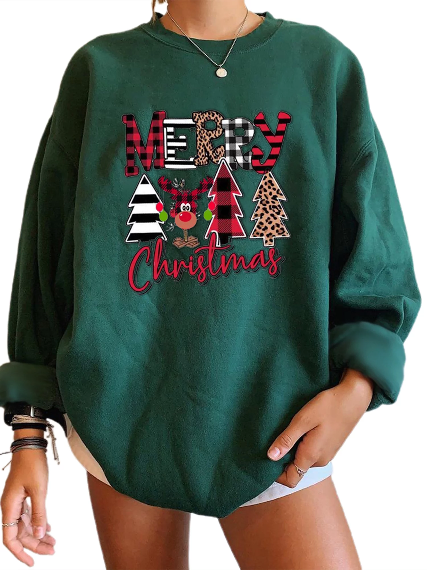 Nokiwiqis Female Pullover, Cartoon Patterns Print Round Neck Long Sleeve Tops