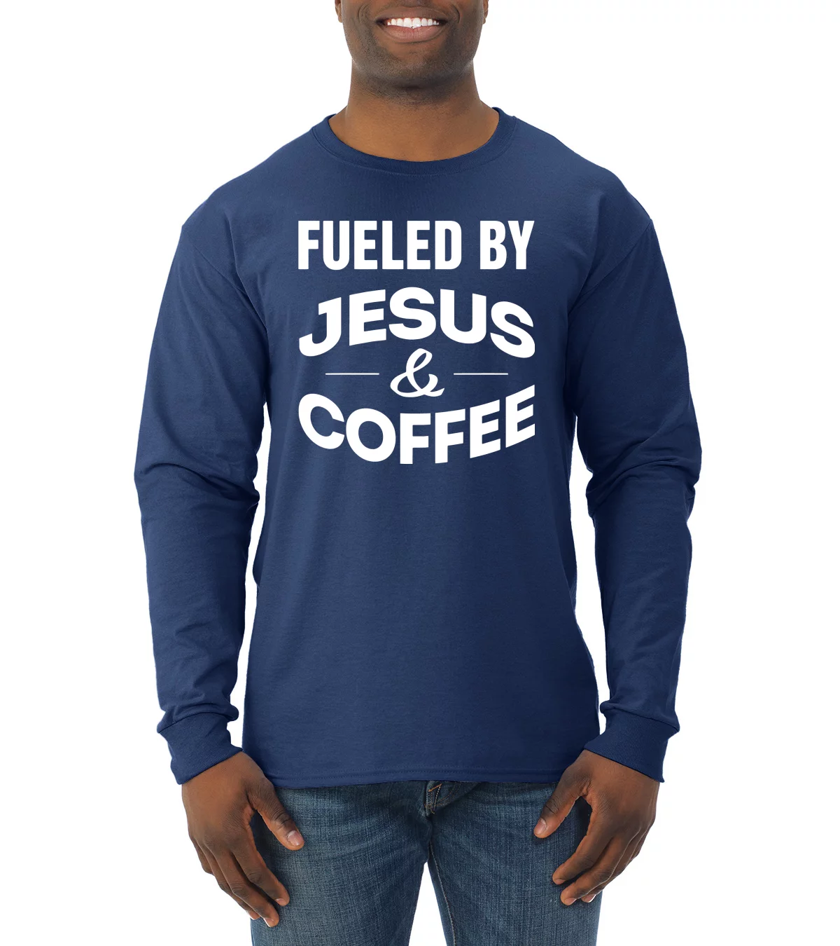 Fueled by Jesus and Coffee Funny Christian | Mens Inspirational/Christian Long Sleeve T-Shirt, Navy, Large