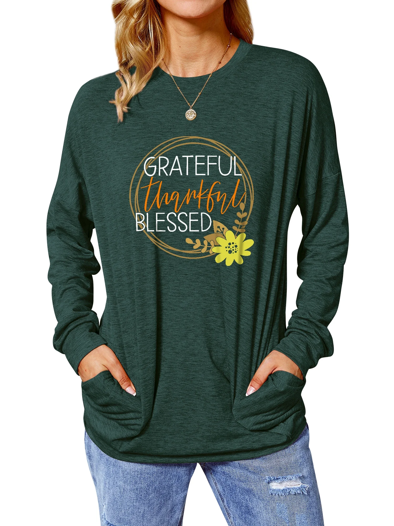 ZXZY Women Grateful Thankful Blessed Letter Floral Print Crew Neck Long Sleeve Pockets Pullovers
