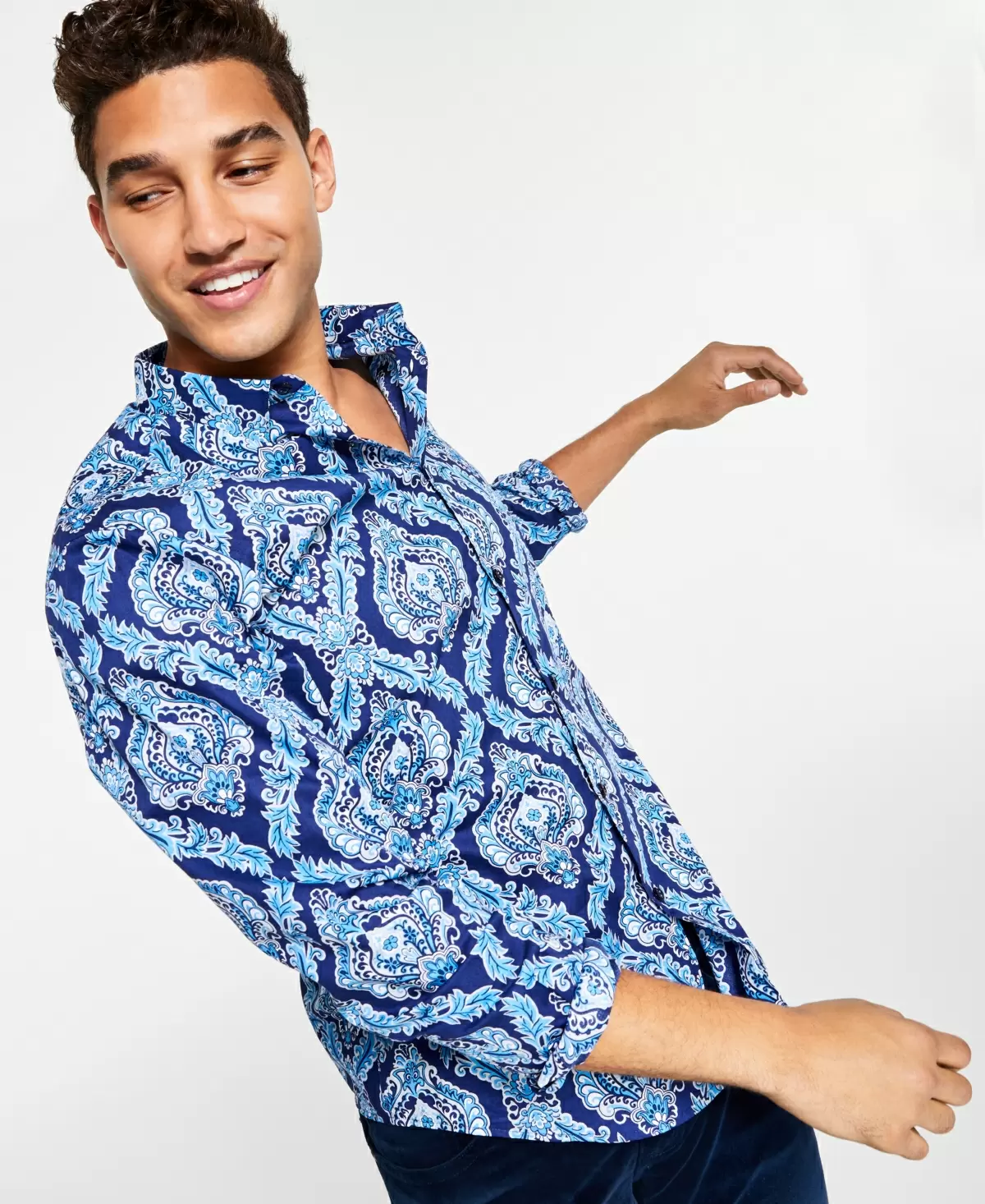INC International Concepts Men’s Regular-Fit Baroque-Print Shirt, Navy, Small