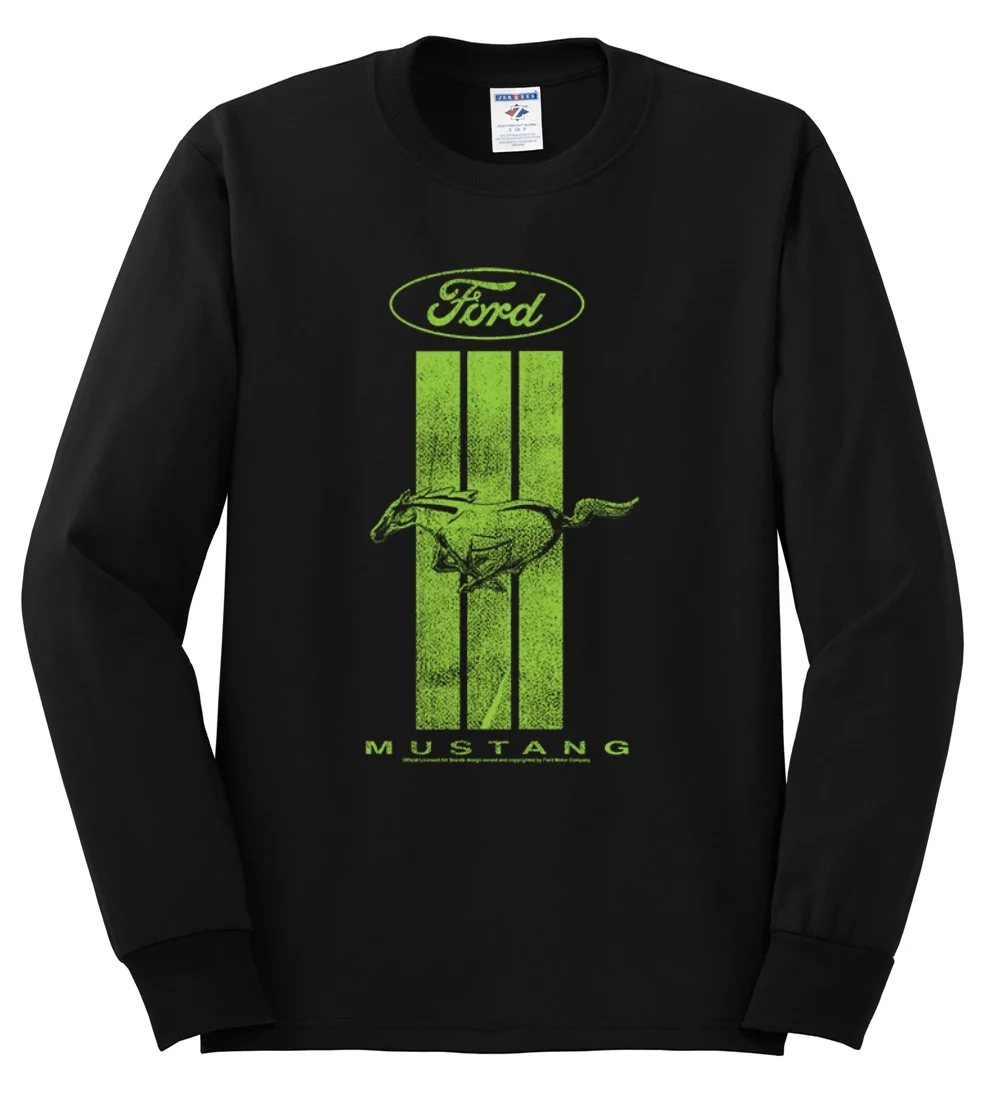 Green Striped Ford Mustang | Mens Cars and Trucks Long Sleeve T-Shirt, Black, Small