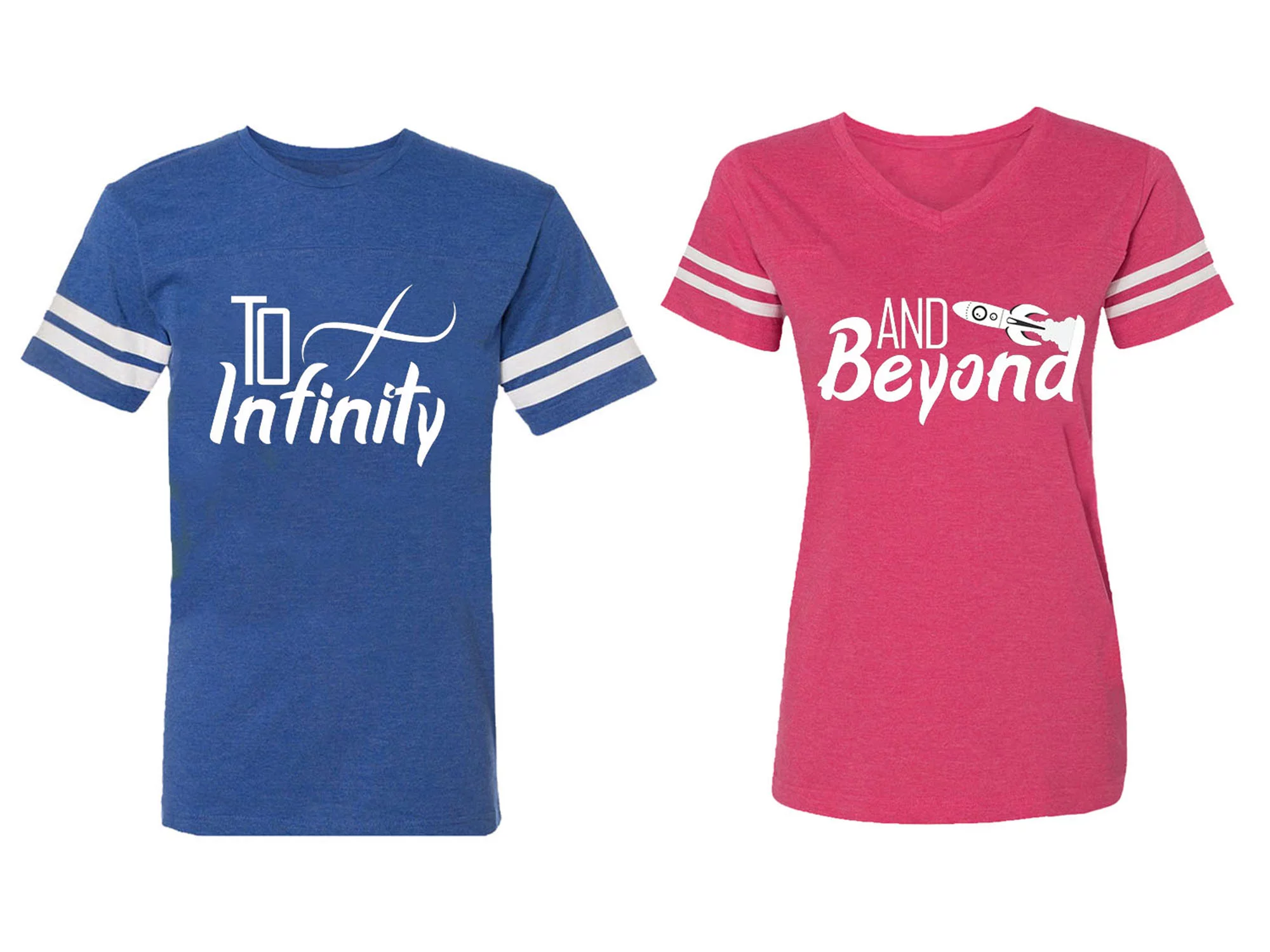To Infinity & Beyond Matching Couple Cotton Jerseys (Men Royal / Women Pink) (Men S / Women L)