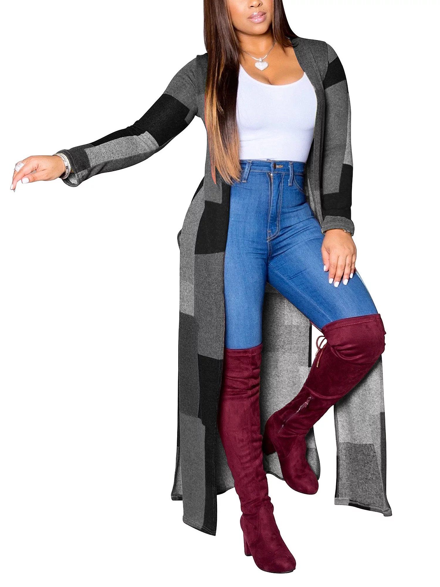 Womens Long Cardigans Boho Open Front Plaid Long Sleeve Knit Cardigan Tops Ladies Color Block Plaid Long Cardigan