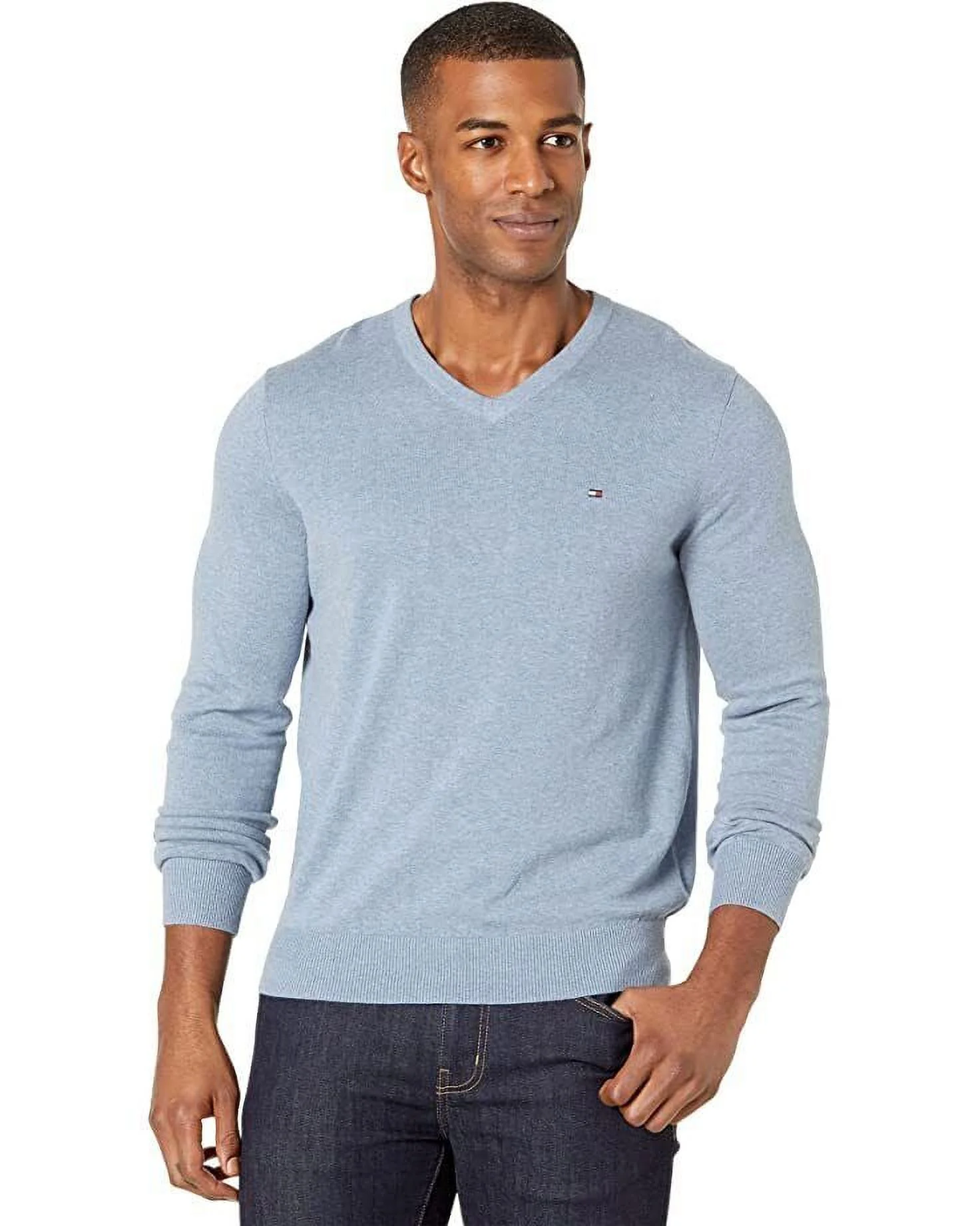 Tommy Hilfiger Men's Signature Solid V-Neck Cotton Sweater Captains Blue-2XL