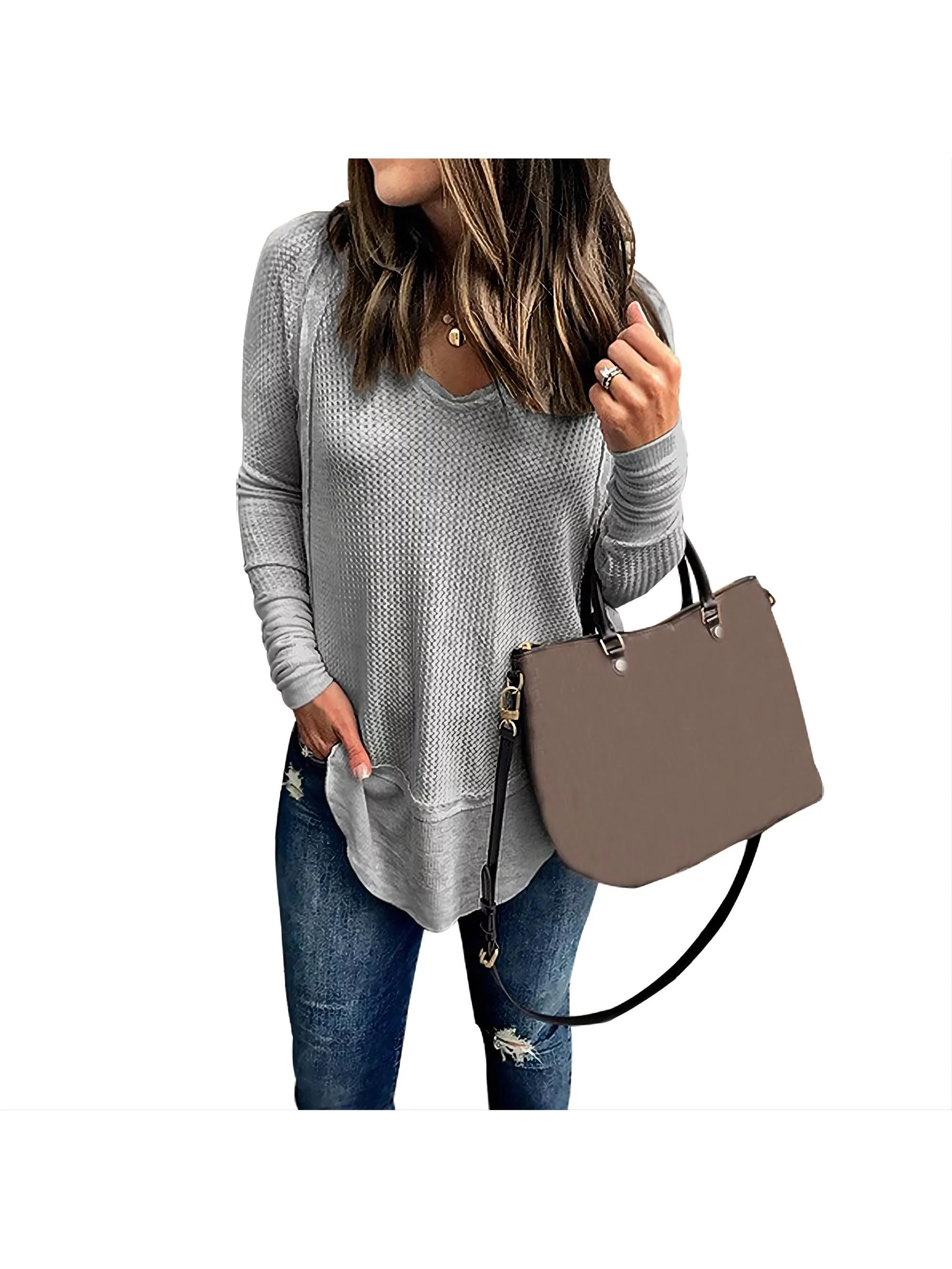 INFITTY Women V-Neck T-Shirt Knitted Sweaters Long Sleeve Pullover Vogue