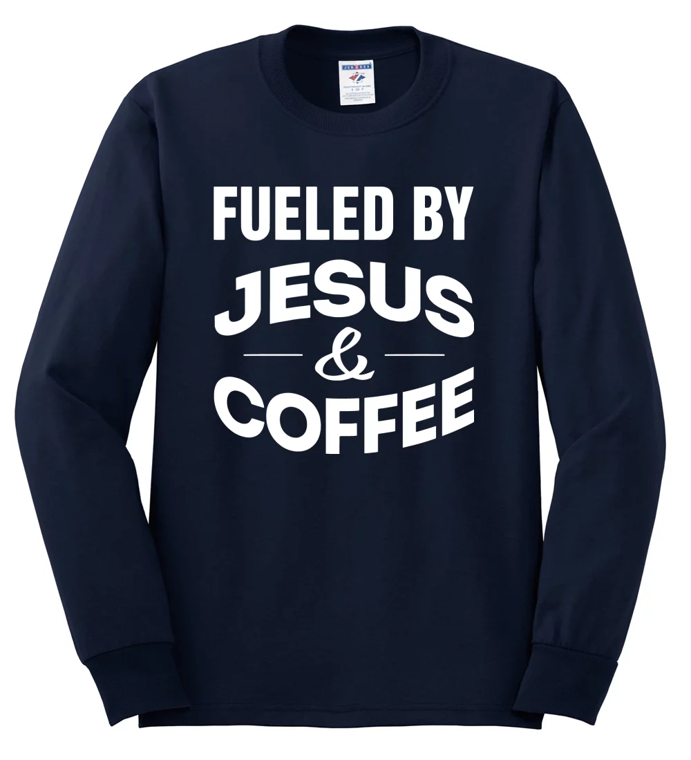 Fueled by Jesus and Coffee Funny Christian | Mens Inspirational/Christian Long Sleeve T-Shirt, Navy, Large