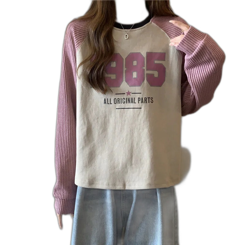 Spring Pure Cotton Cotton Spring And Autumn Thin Stitching Contrasting Color Long-Sleeved Tops For Women