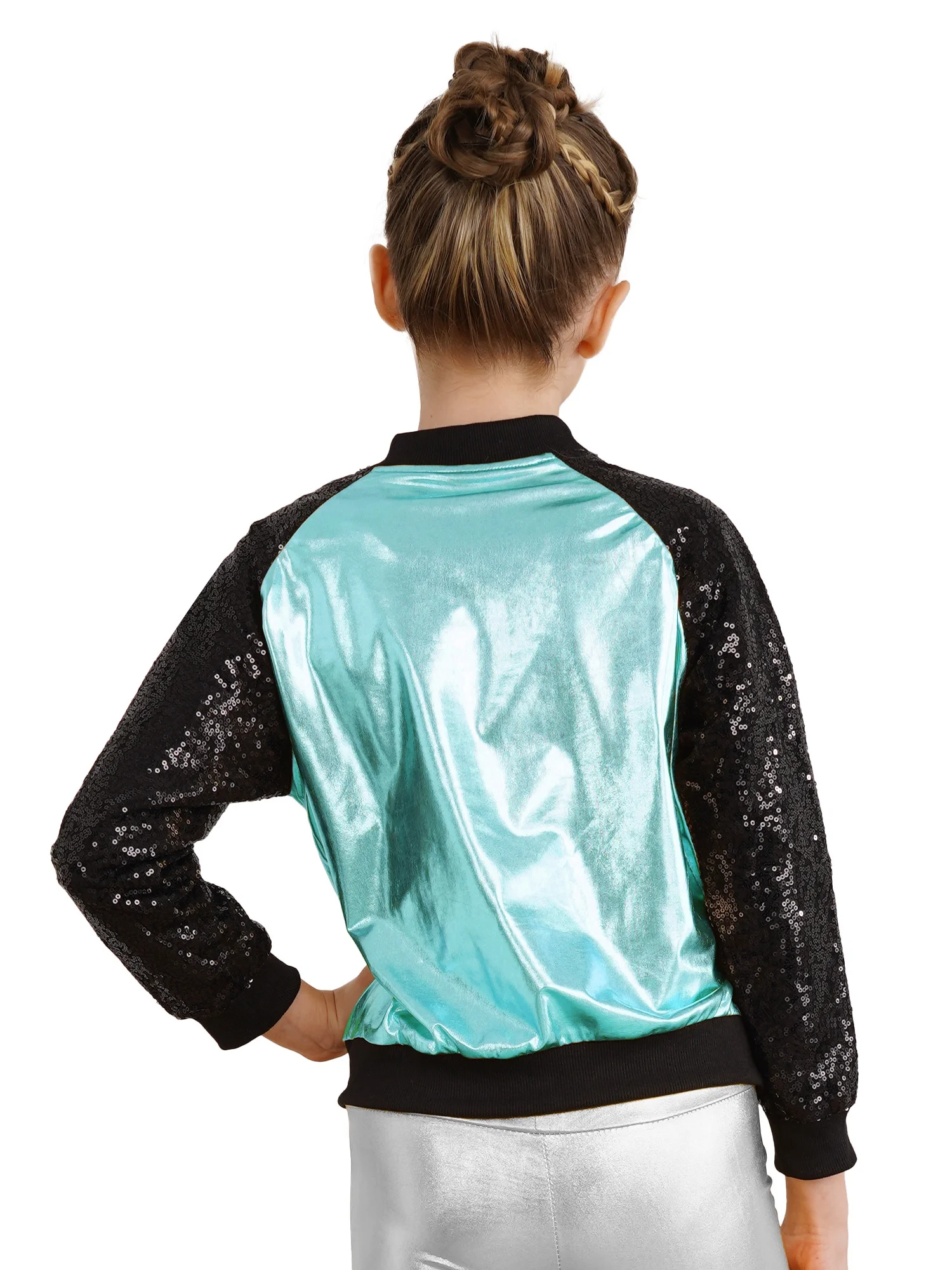 YEAHDOR Kids Girls Metallic Zip-Up Jacket Coat Outerwear Long Sleeve Tops for Jazz Hip Hop Dance Lake Blue 10