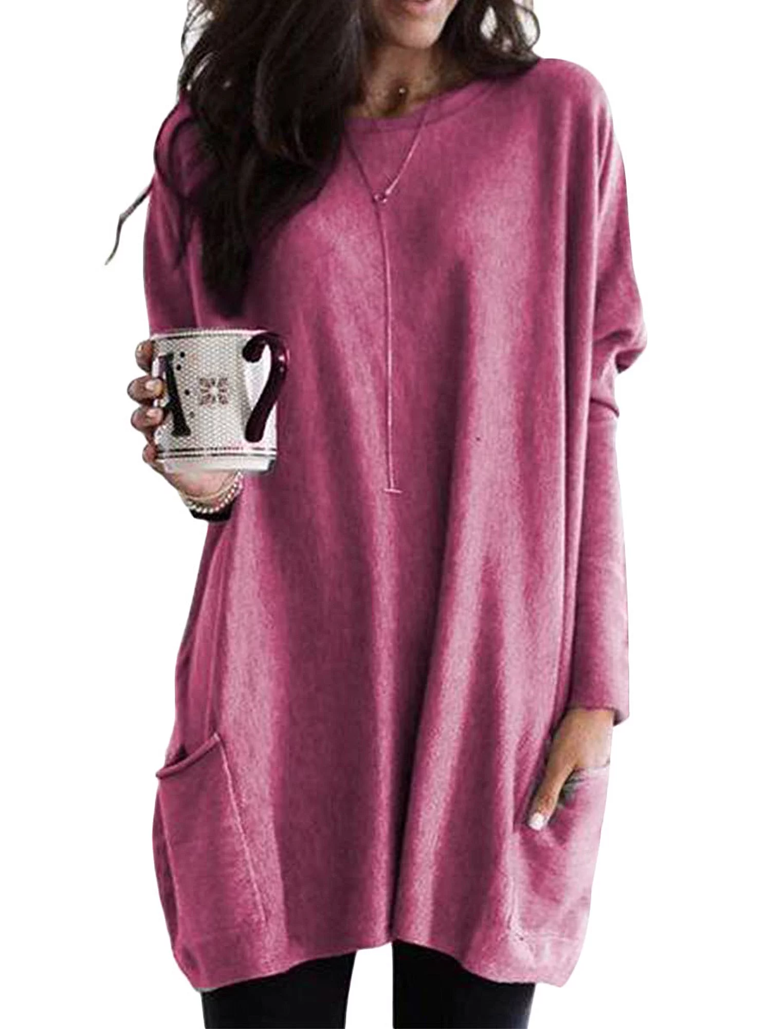 UKAP Women Maternity Long Sleeve Pocket Tee Shirt Casual Loose Long Tops Dress