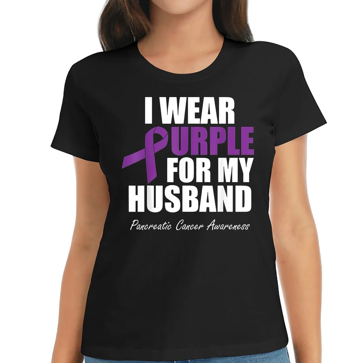 Womens Pancreatic Cancer Awareness I Wear Purple For My Husband T-Shirt Black 2X-Large