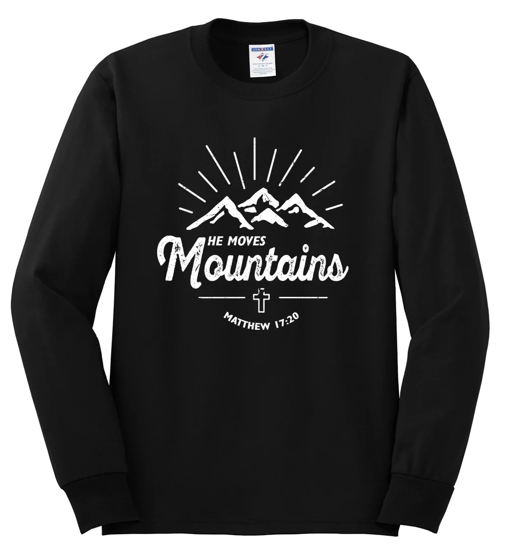Matthew 17:20 He Moves Mountains | Mens Christian Long Sleeve T-Shirt, Black, Small