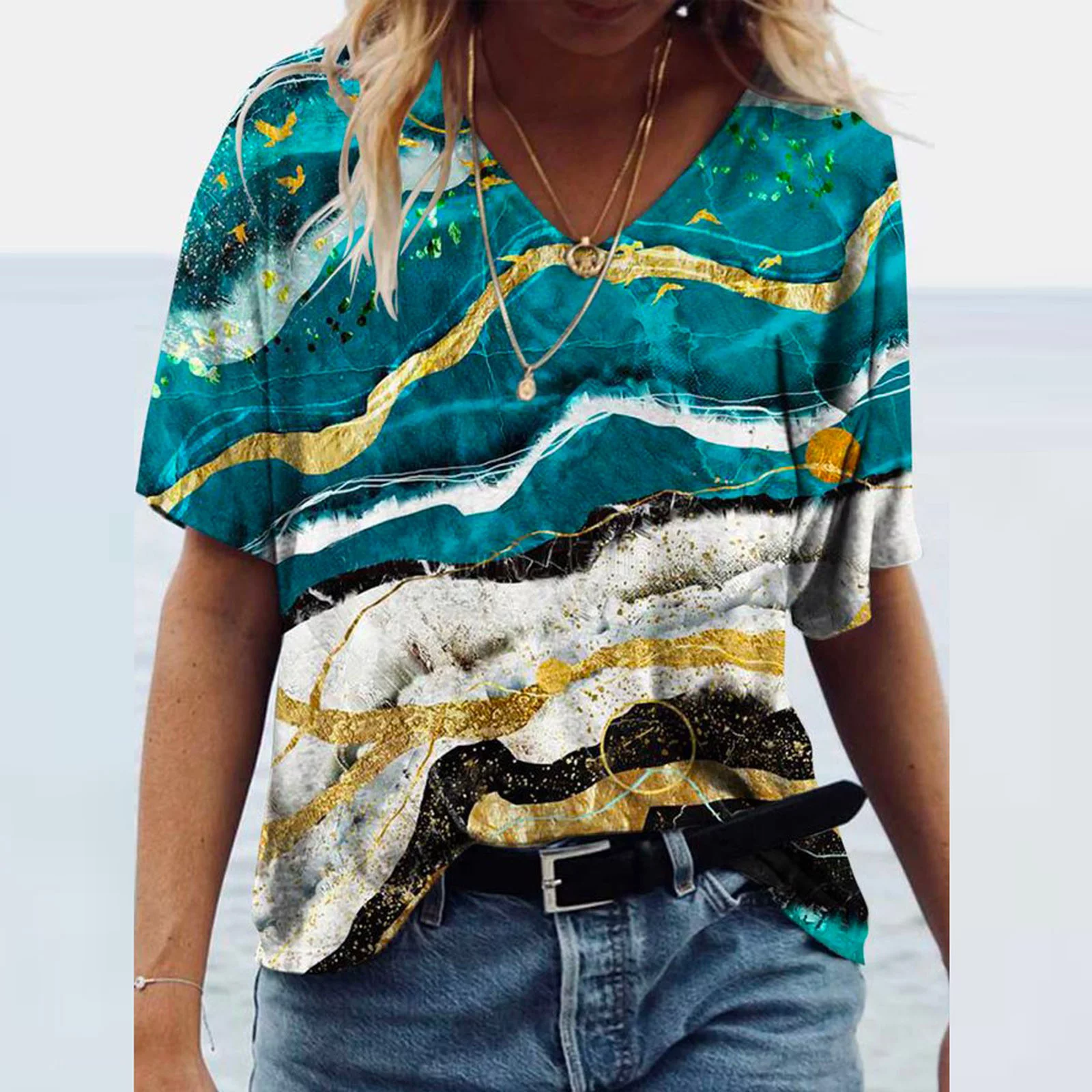 HONHUZH Womens Shirts,Ladies Clearance,Women's Summer Printed Short Sleeve V-Neck T-Shirt Casual Tee Tops