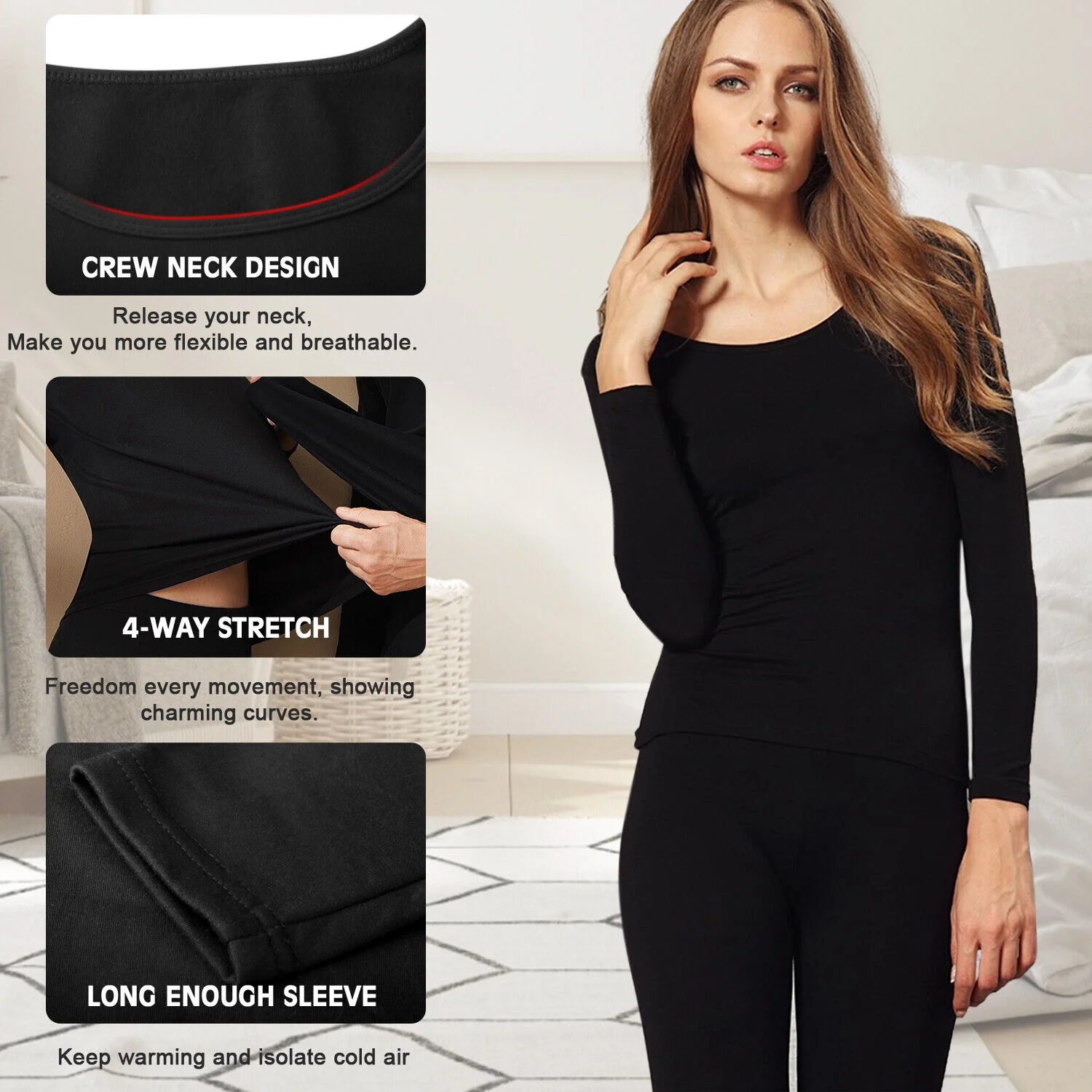 Womens Thermal Underwear Set Winter Warm Fleece Lined Top Bottom Long Johns
