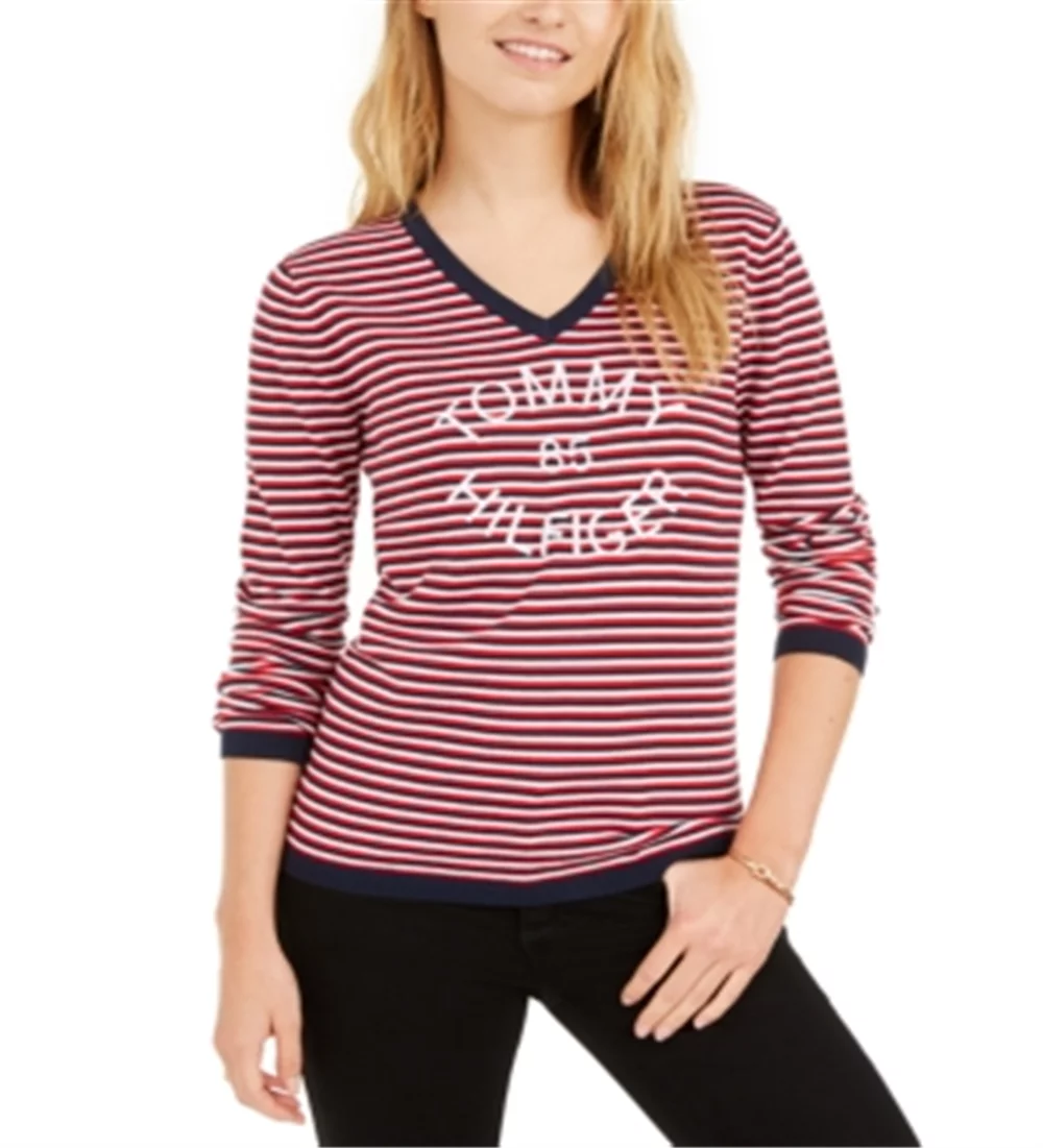 Tommy Hilfiger Women's Cotton Striped V Neck Sweater -Red Size XX-Large