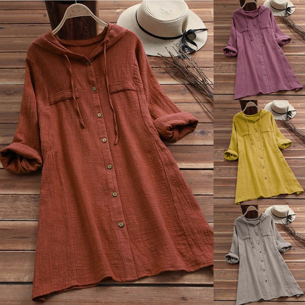 Lokieas Womens Casual Button Plus Size Cotton Tops Tee Shirt Hooded Pocket Loose Blouse