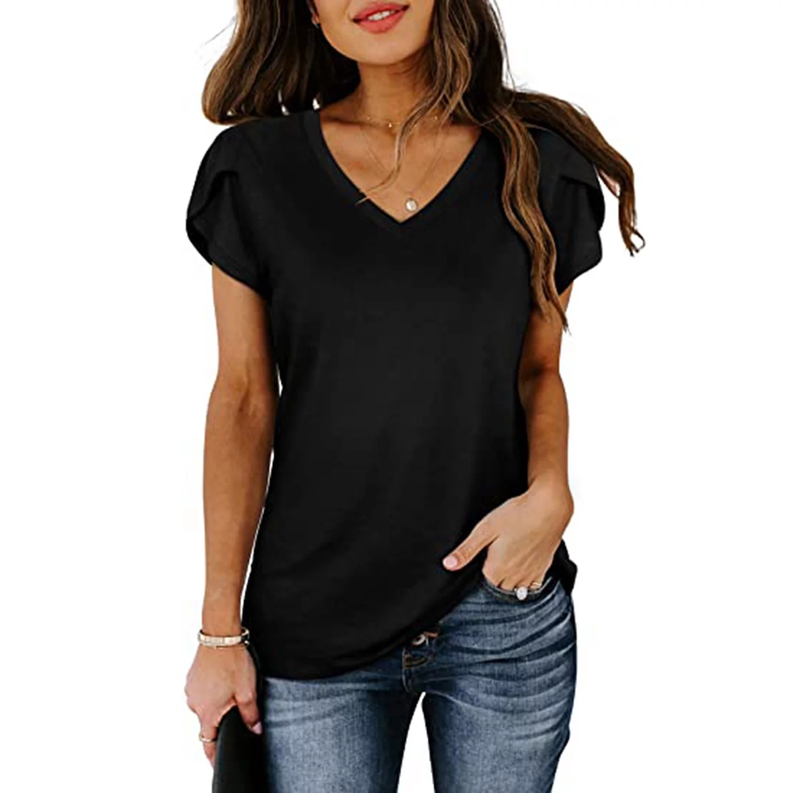 ICQOVD Womens Tops Solid V-Neck Basic Summer Petal Short Sleeve T Shirts