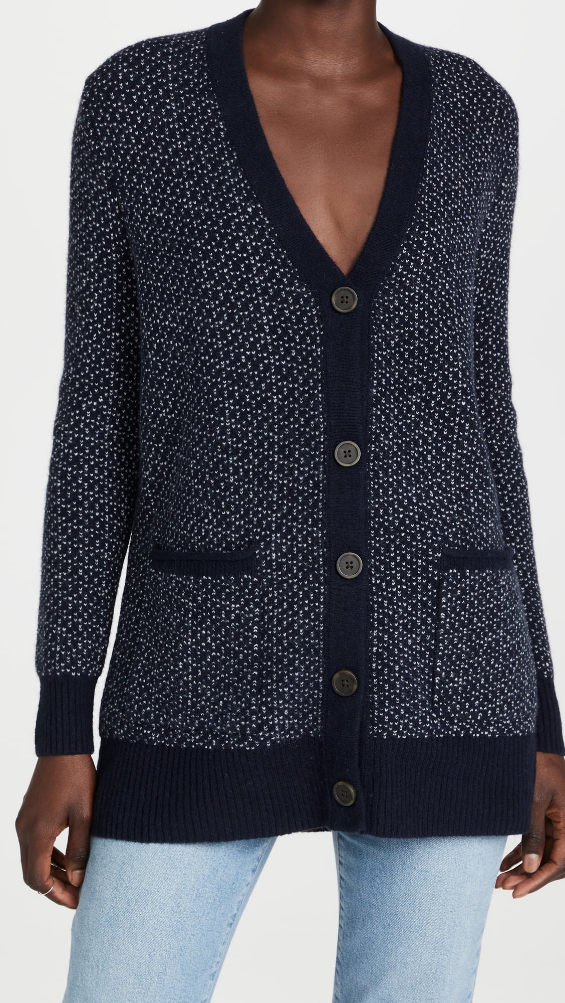 Madewell Women's Bird's Eye Maysfield Cardigan Sweater, Heather Atlantic/Coconut, Blue, S