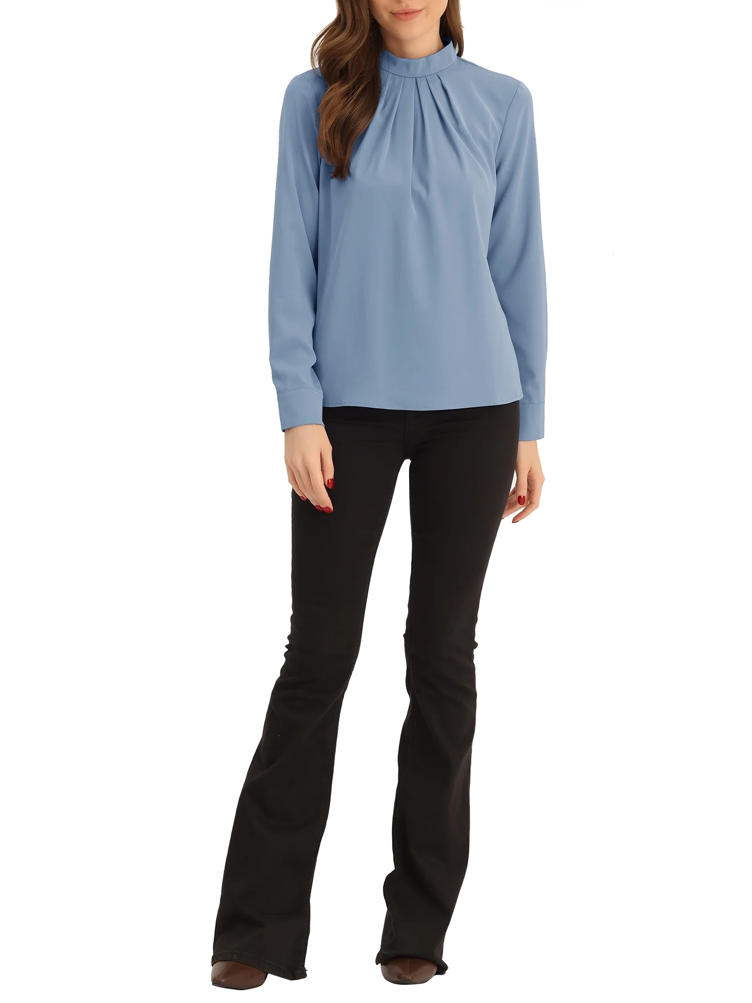 Allegra K Fall Winter Stand Collar Chiffon Blouse for Women's Long Sleeve Business Casual Work Shirt