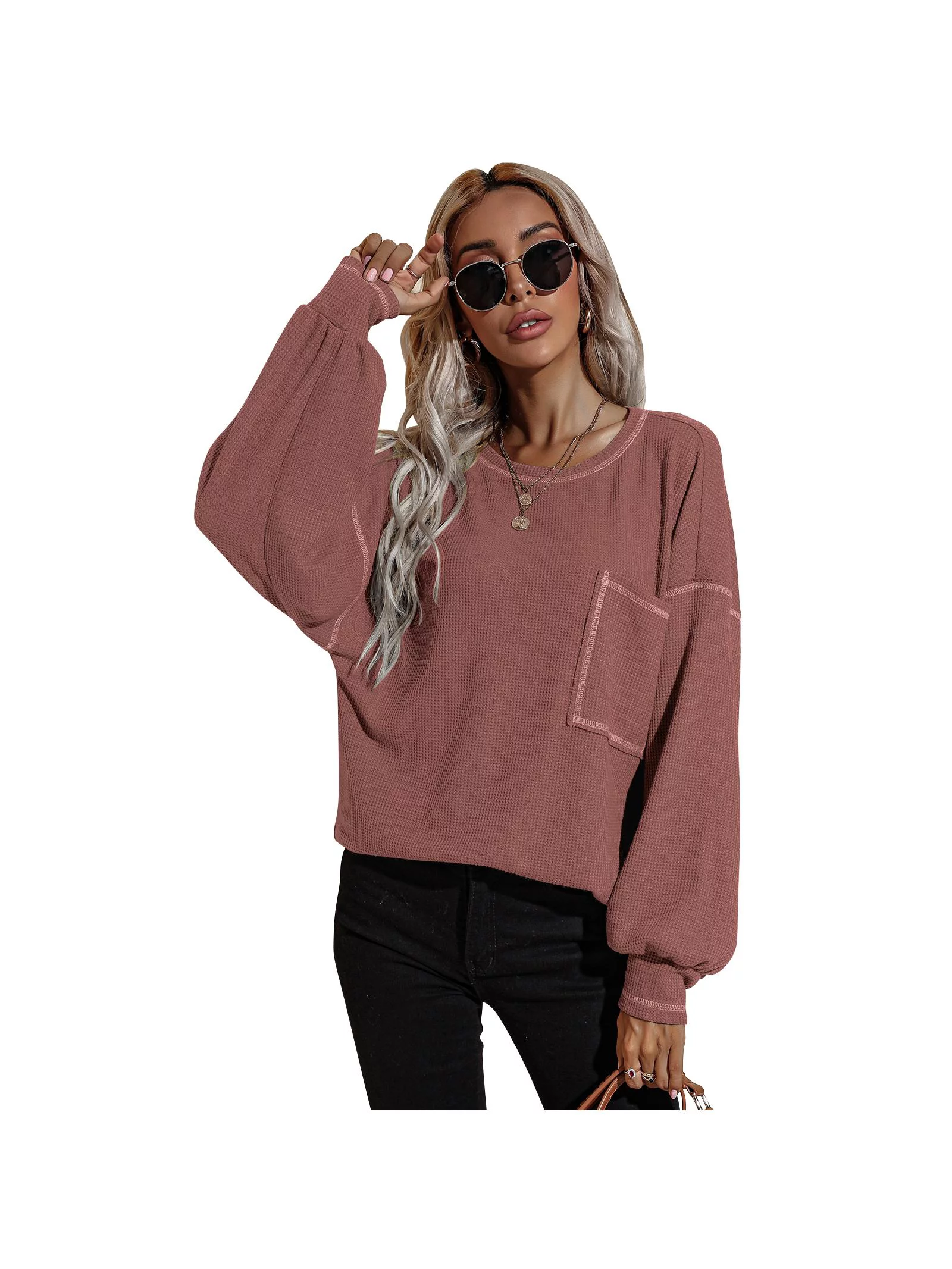 LACOZY Women Knit Waffle Crewneck T-Shirt Pocket Long Sleeve Casual Pullover Sweatshirt Loose