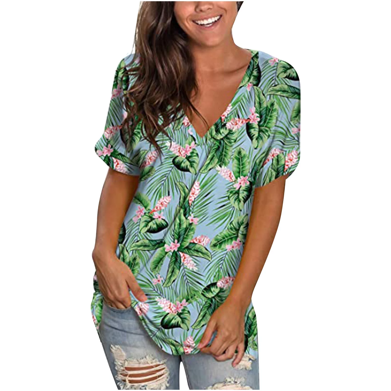 Pntutb Clearance Womens T Shirts Short Sleeve Tunic Strappy Print V-Neck Shoulder Tops