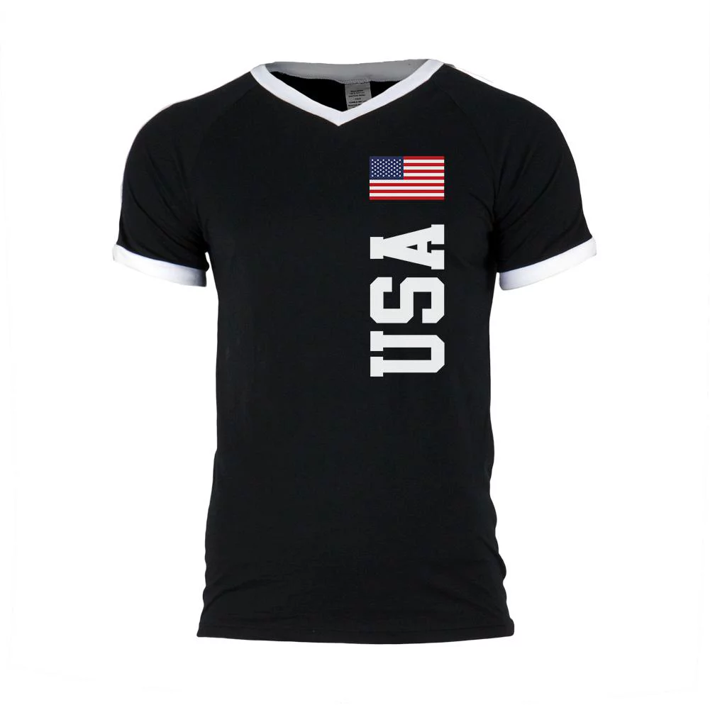 4th of July World Cup USA Mens Soccer Jersey V-Neck T-Shirt Black-White 2XL