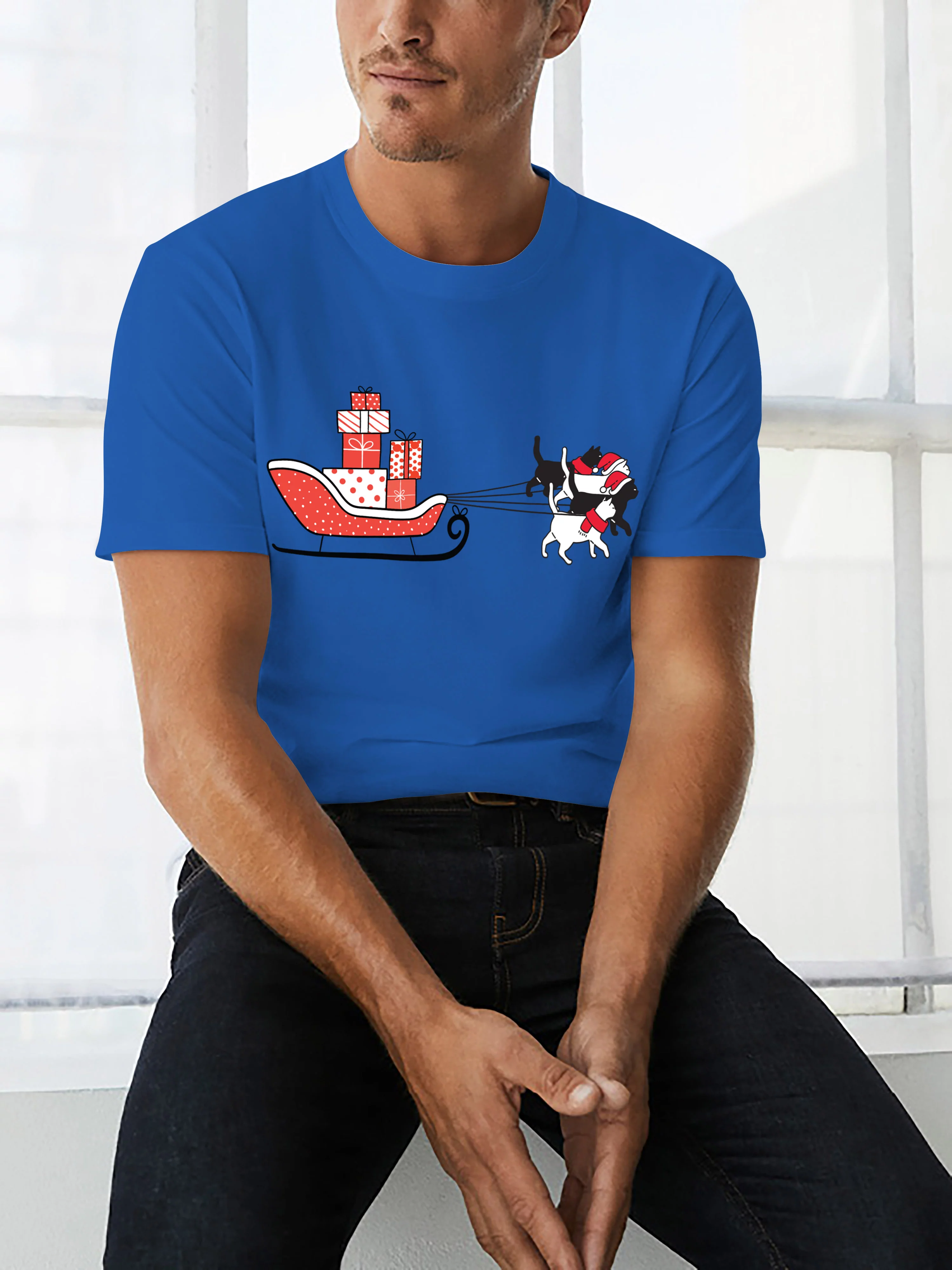 Ma Croix Mens Festive Winter Kitty Cat Sled Digitally Printed Classic Crew Neck Short Sleeve Tee Shirt