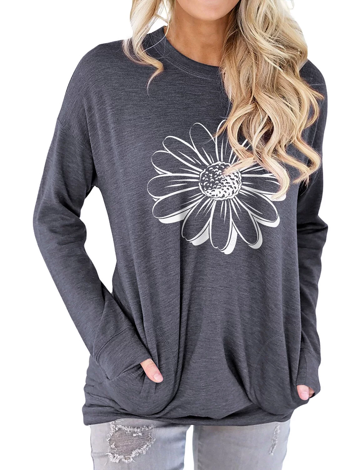 Xuanfei Women Daisy Graphic Print Crew Neck Long Sleeve Pockets Sweatshirt Top