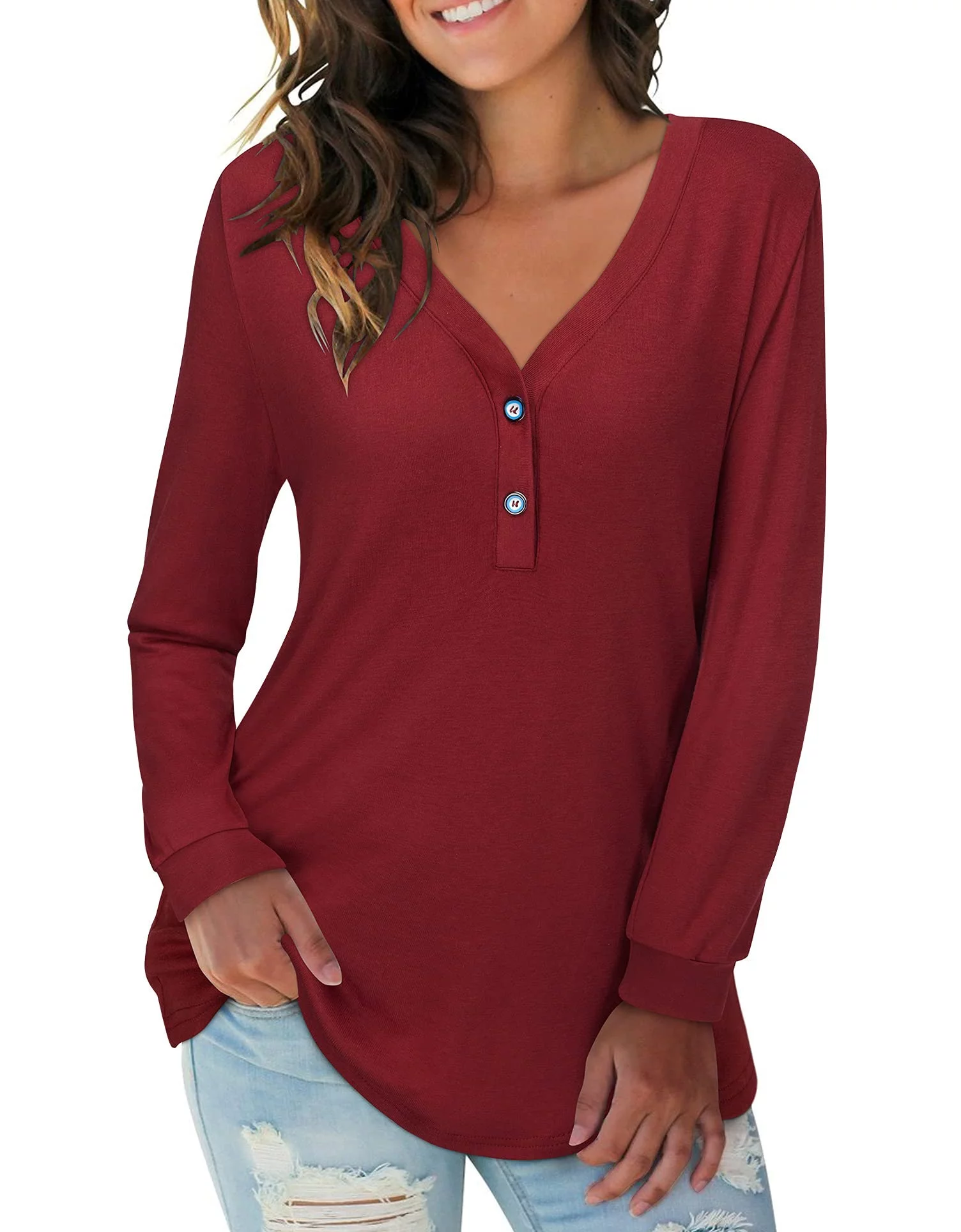 Fantaslook Long Sleeve T Shirts for Women V Neck Button Casual Tops Tunic Henley Shirts
