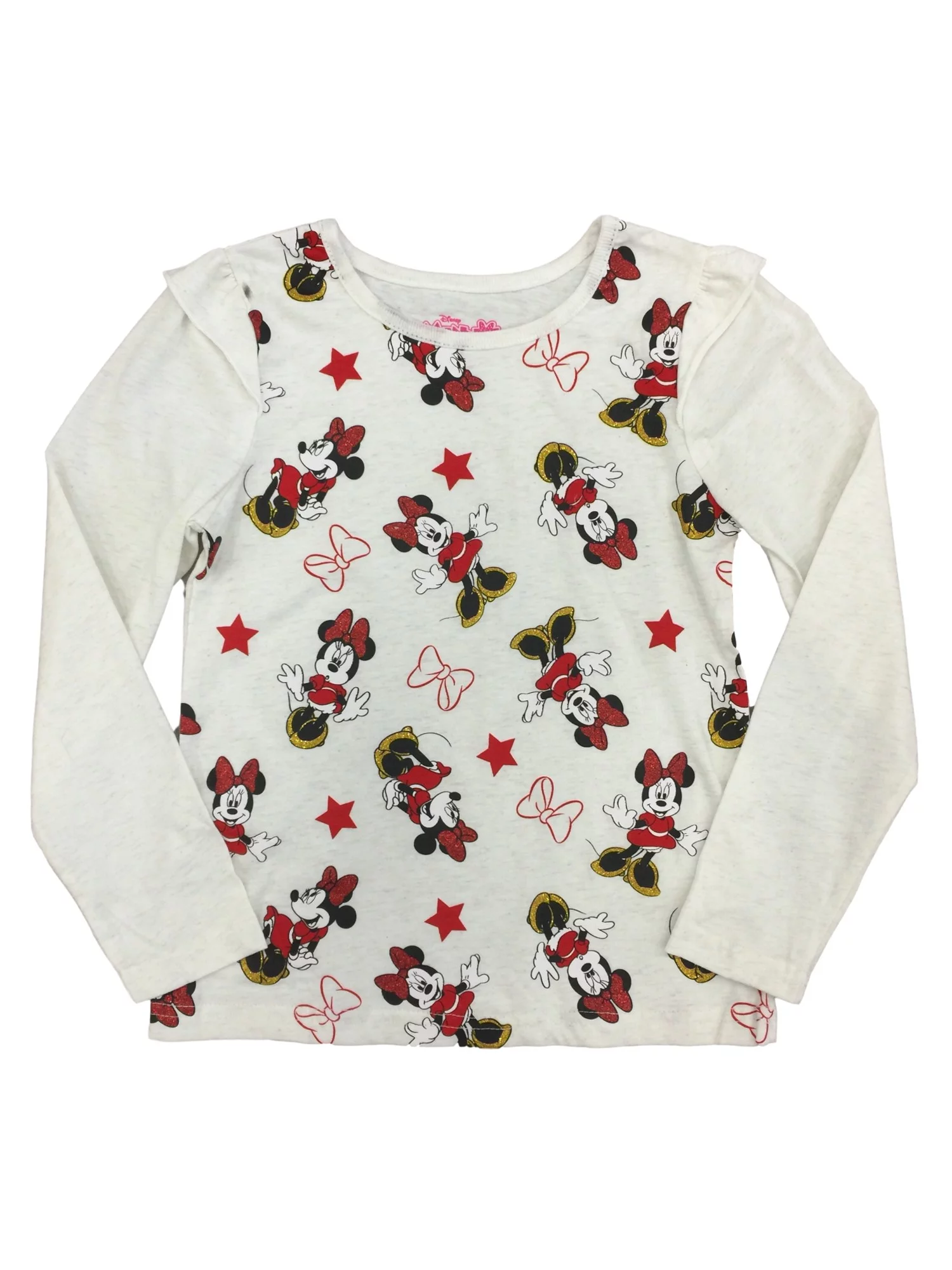 Disney Girls Ivory Minnie Mouse Long Sleeve Shirt With Red & Gold Glitter 6X